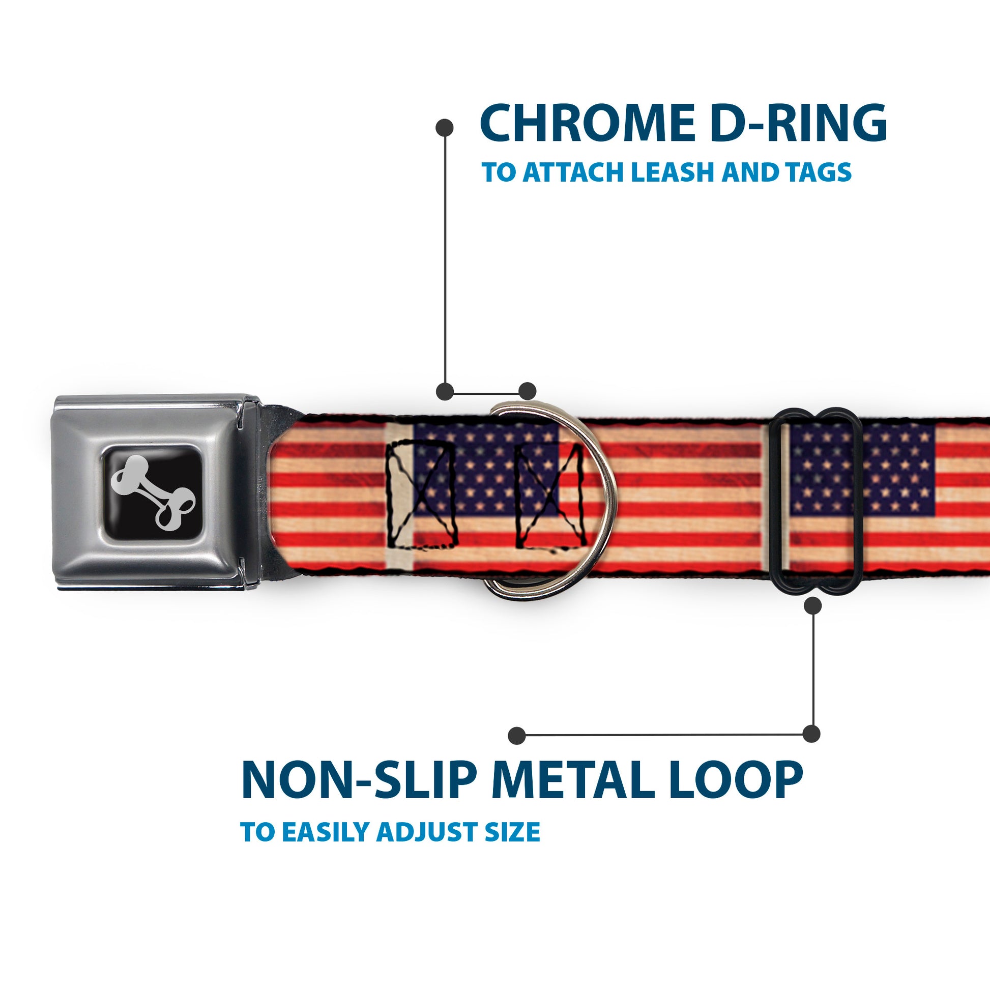 Dog Bone Seatbelt Buckle Collar - American Flag Weathered Color Repeat Seatbelt Buckle Collars Buckle-Down