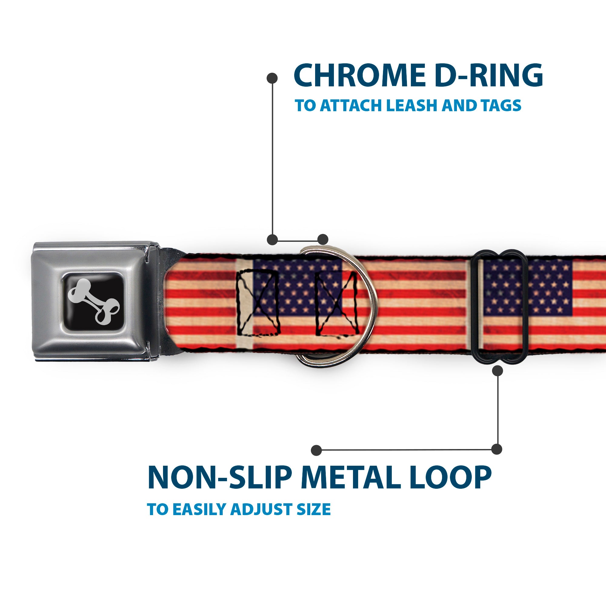 Dog Bone Seatbelt Buckle Collar - American Flag Weathered Color Repeat Seatbelt Buckle Collars Buckle-Down