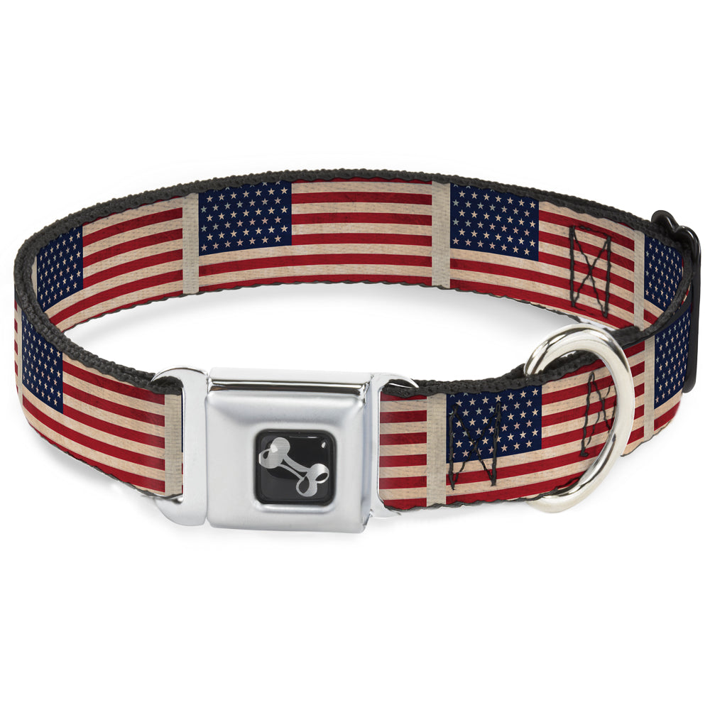 Dog Bone Seatbelt Buckle Collar - American Flag Weathered Color Repeat Seatbelt Buckle Collars Buckle-Down