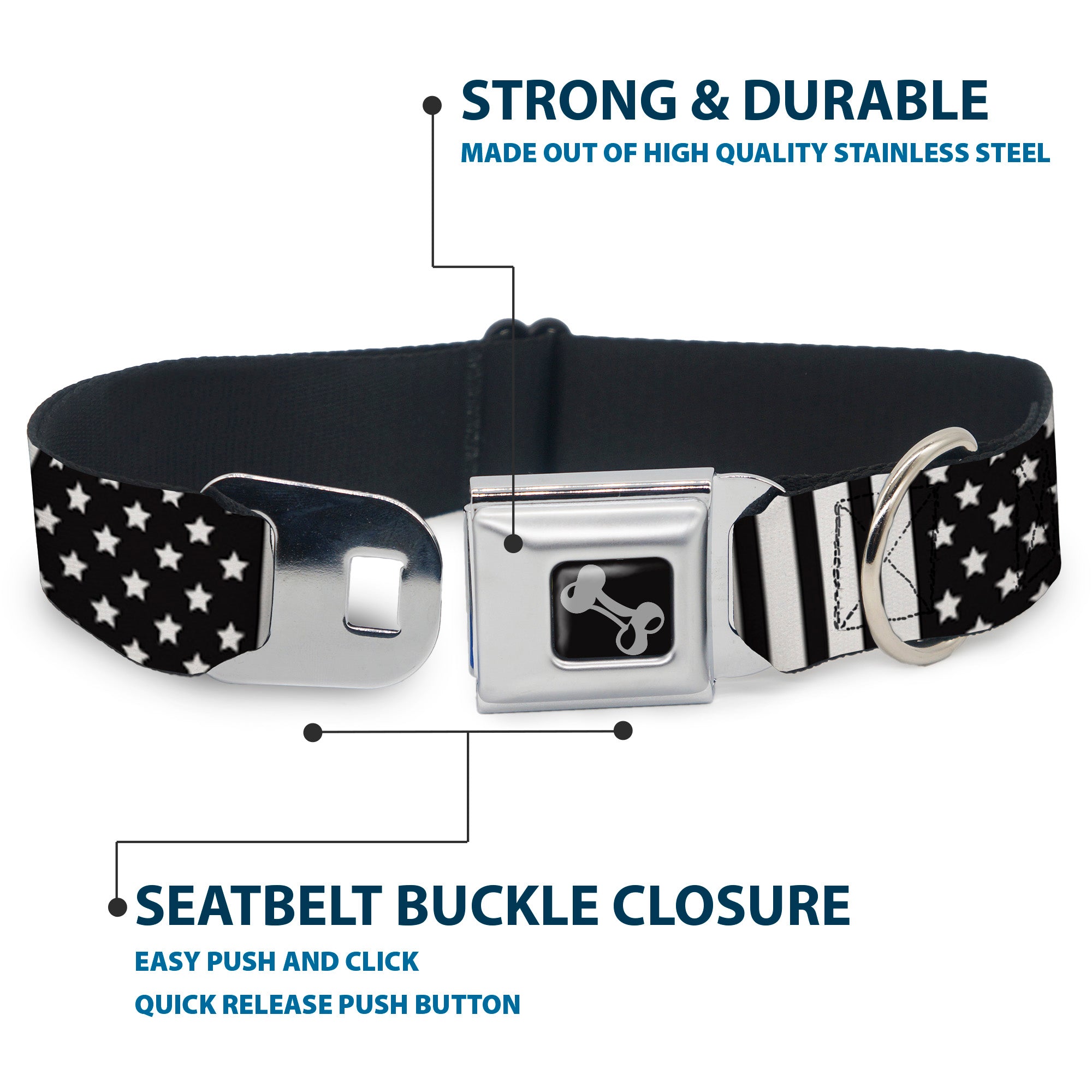 Dog Bone Seatbelt Buckle Collar - American Flag CLOSE-UP Black/White Seatbelt Buckle Collars Buckle-Down