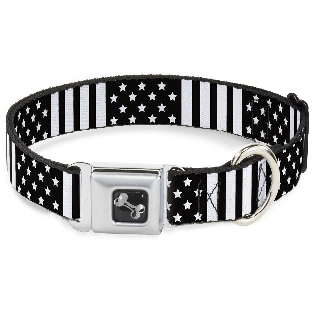 Dog Bone Seatbelt Buckle Collar - American Flag CLOSE-UP Black/White Seatbelt Buckle Collars Buckle-Down