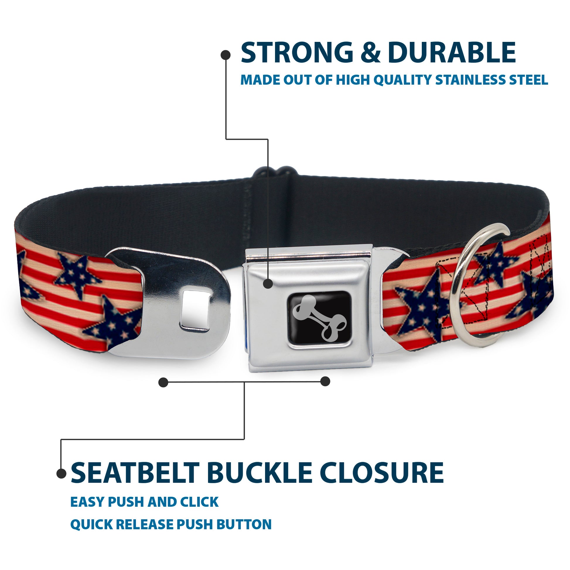 Dog Bone Seatbelt Buckle Collar - Americana Stars & Stripes Red/White/Blue/White Seatbelt Buckle Collars Buckle-Down