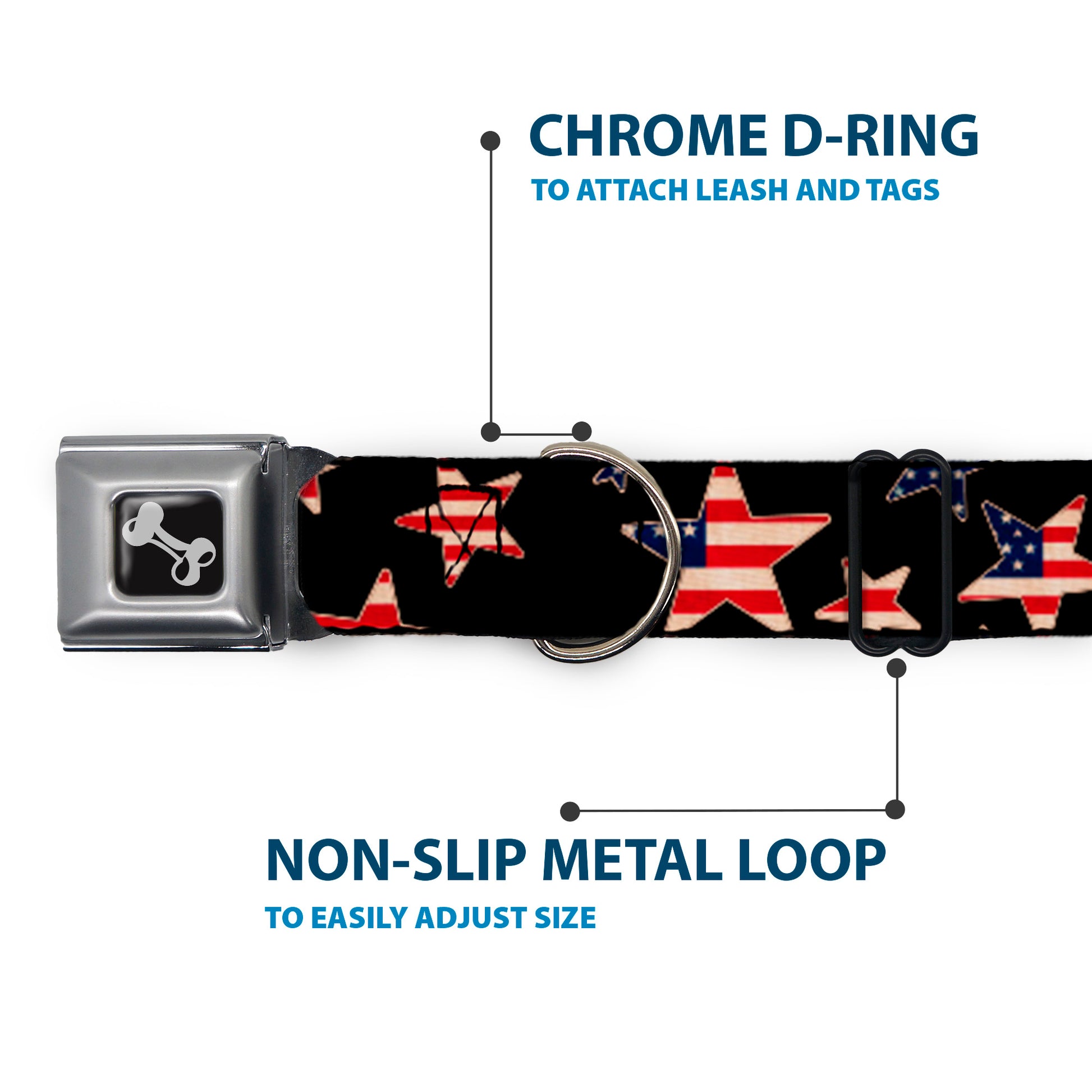 Dog Bone Seatbelt Buckle Collar - Americana Stars & Flags Black/Red/White/Blue Seatbelt Buckle Collars Buckle-Down