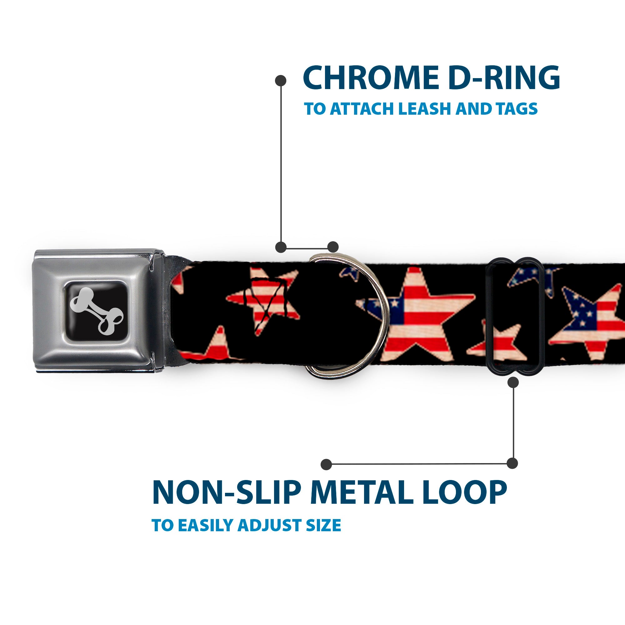 Dog Bone Seatbelt Buckle Collar - Americana Stars & Flags Black/Red/White/Blue Seatbelt Buckle Collars Buckle-Down