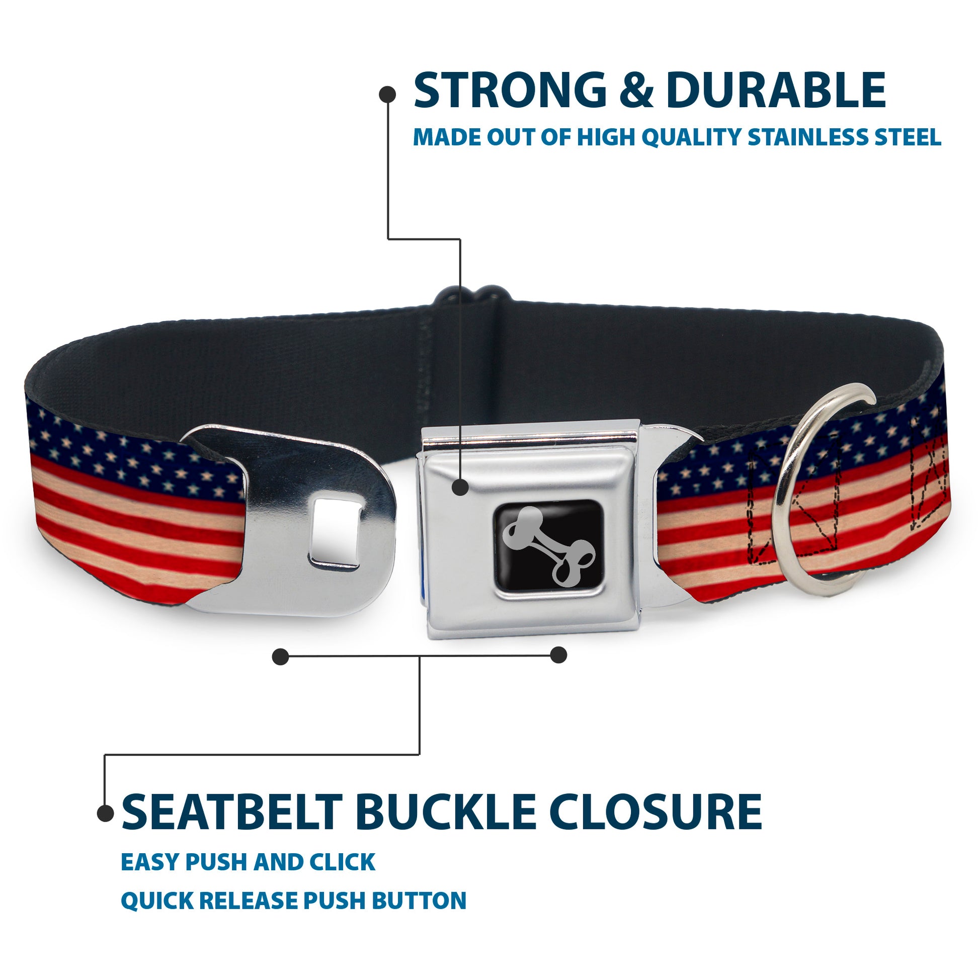 Dog Bone Seatbelt Buckle Collar - American Flag Stripe Seatbelt Buckle Collars Buckle-Down