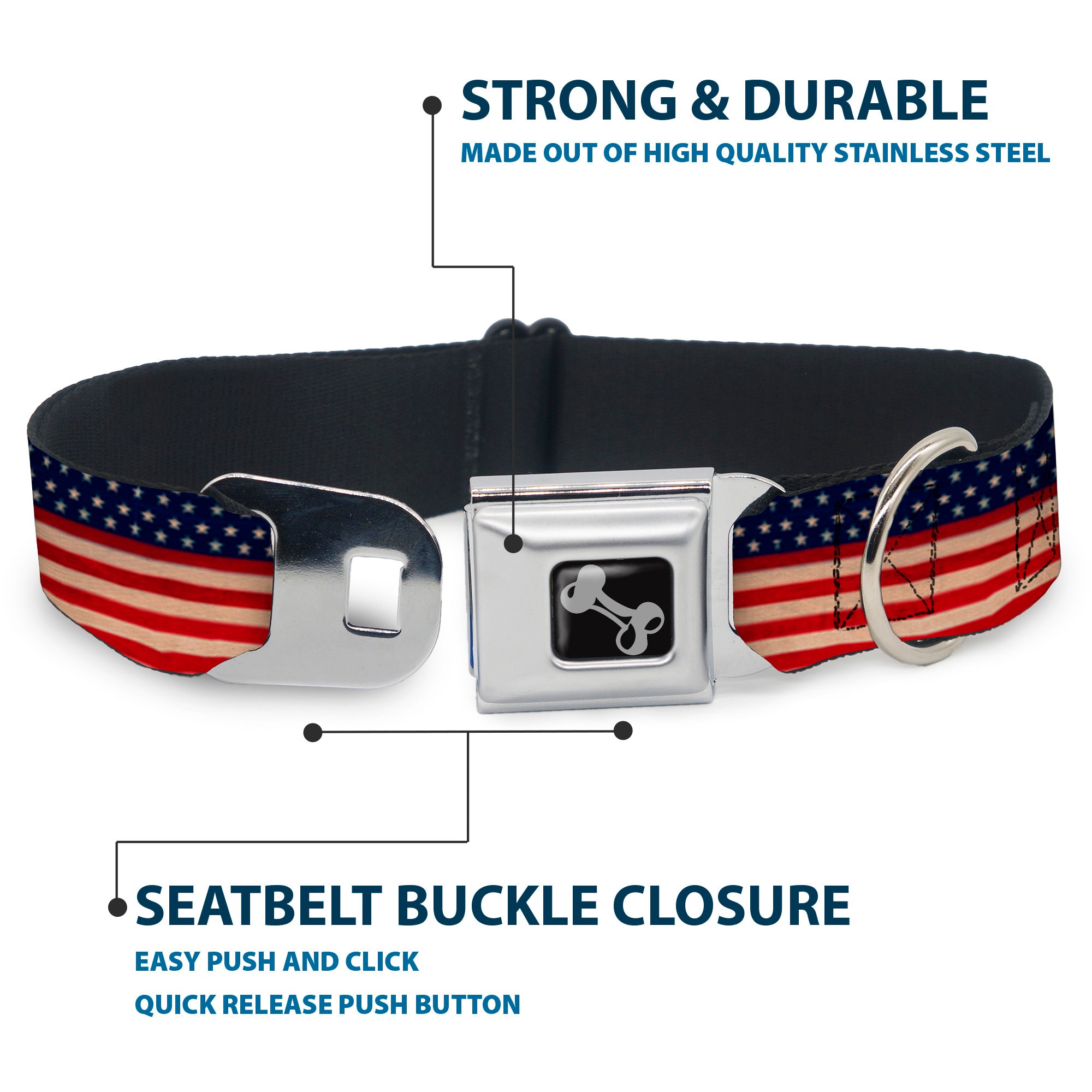 Dog Bone Seatbelt Buckle Collar - American Flag Stripe Seatbelt Buckle Collars Buckle-Down