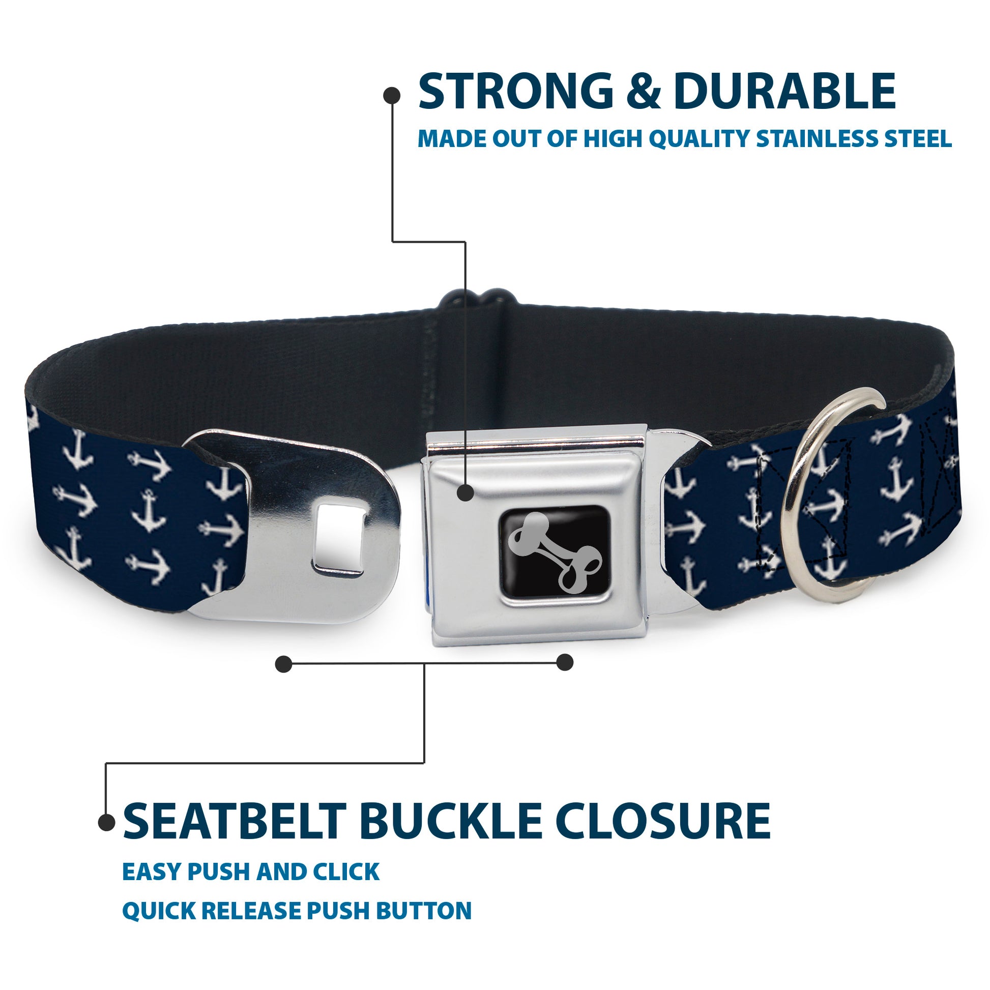 Dog Bone Seatbelt Buckle Collar - Anchors Navy/White Seatbelt Buckle Collars Buckle-Down