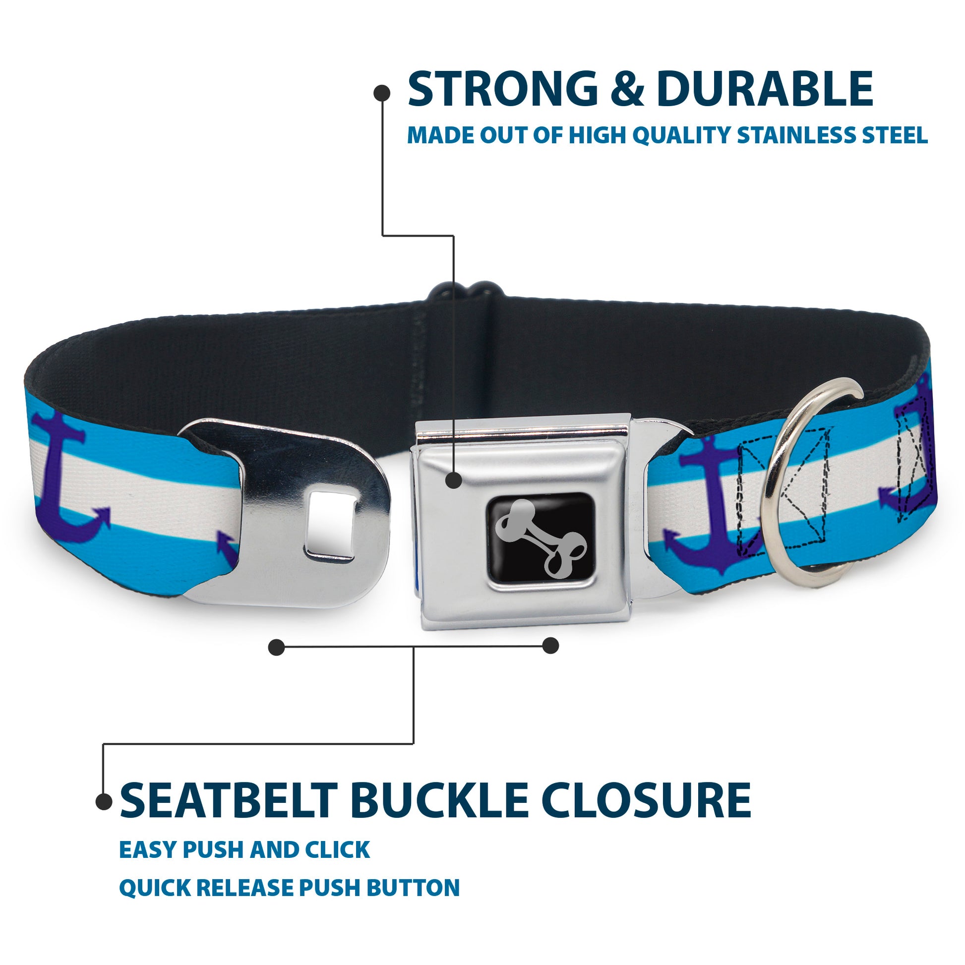 Dog Bone Seatbelt Buckle Collar - Anchor/Stripe Blues/White Seatbelt Buckle Collars Buckle-Down