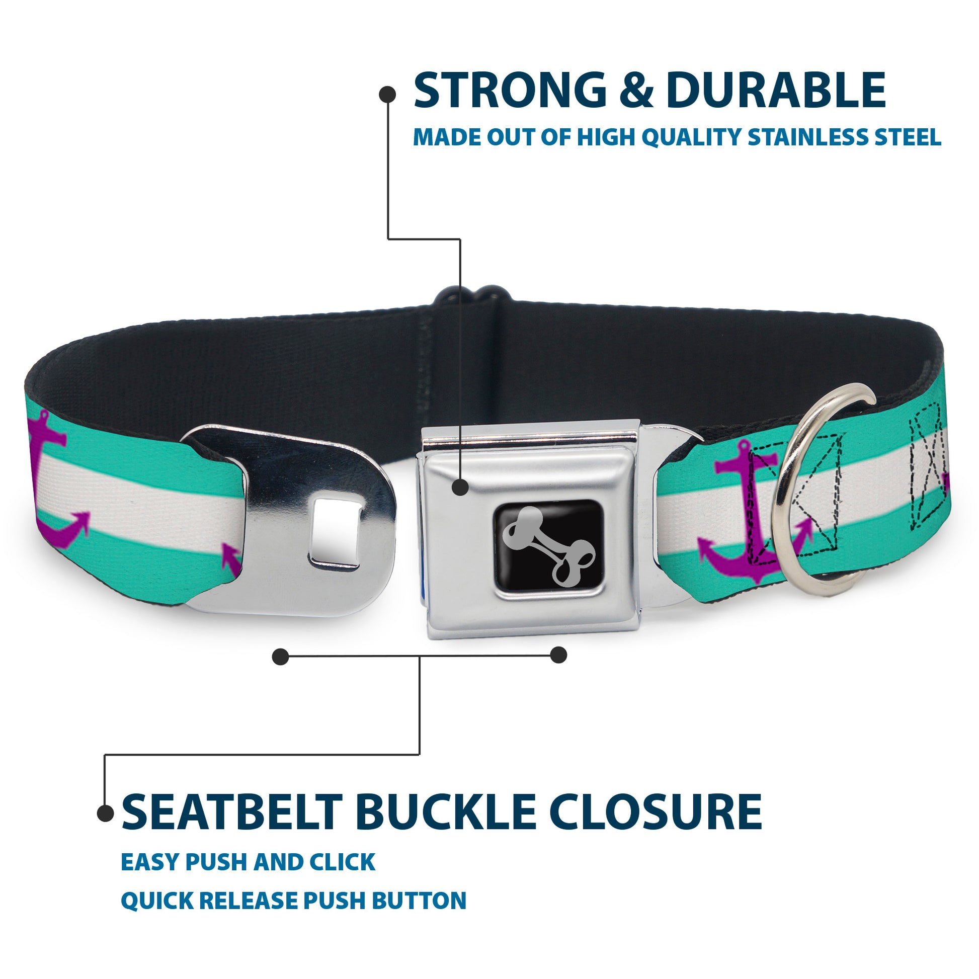 Dog Bone Seatbelt Buckle Collar - Anchor/Stripe Teal/White/Purple Seatbelt Buckle Collars Buckle-Down
