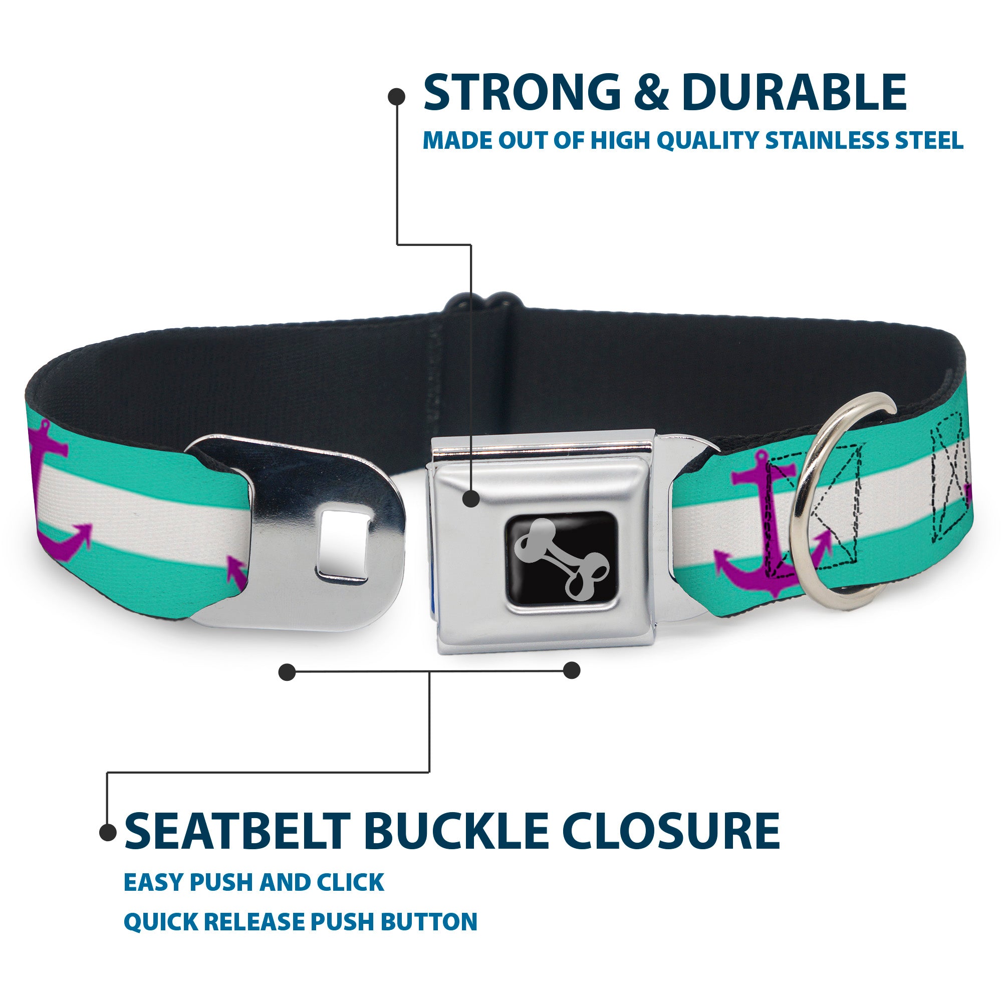 Dog Bone Seatbelt Buckle Collar - Anchor/Stripe Teal/White/Purple Seatbelt Buckle Collars Buckle-Down