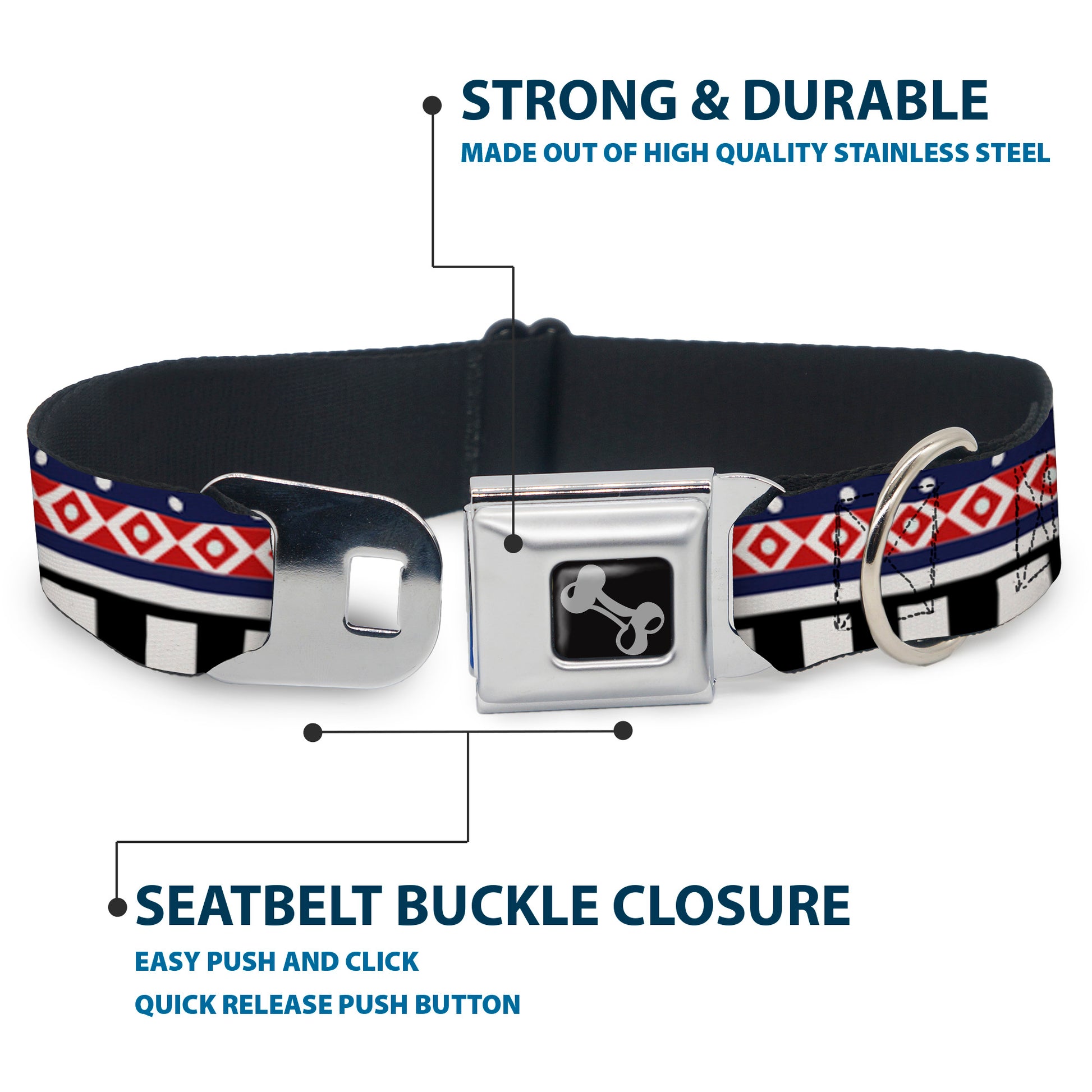 Dog Bone Seatbelt Buckle Collar - Aztec13 White/Navy/Red/Black Seatbelt Buckle Collars Buckle-Down