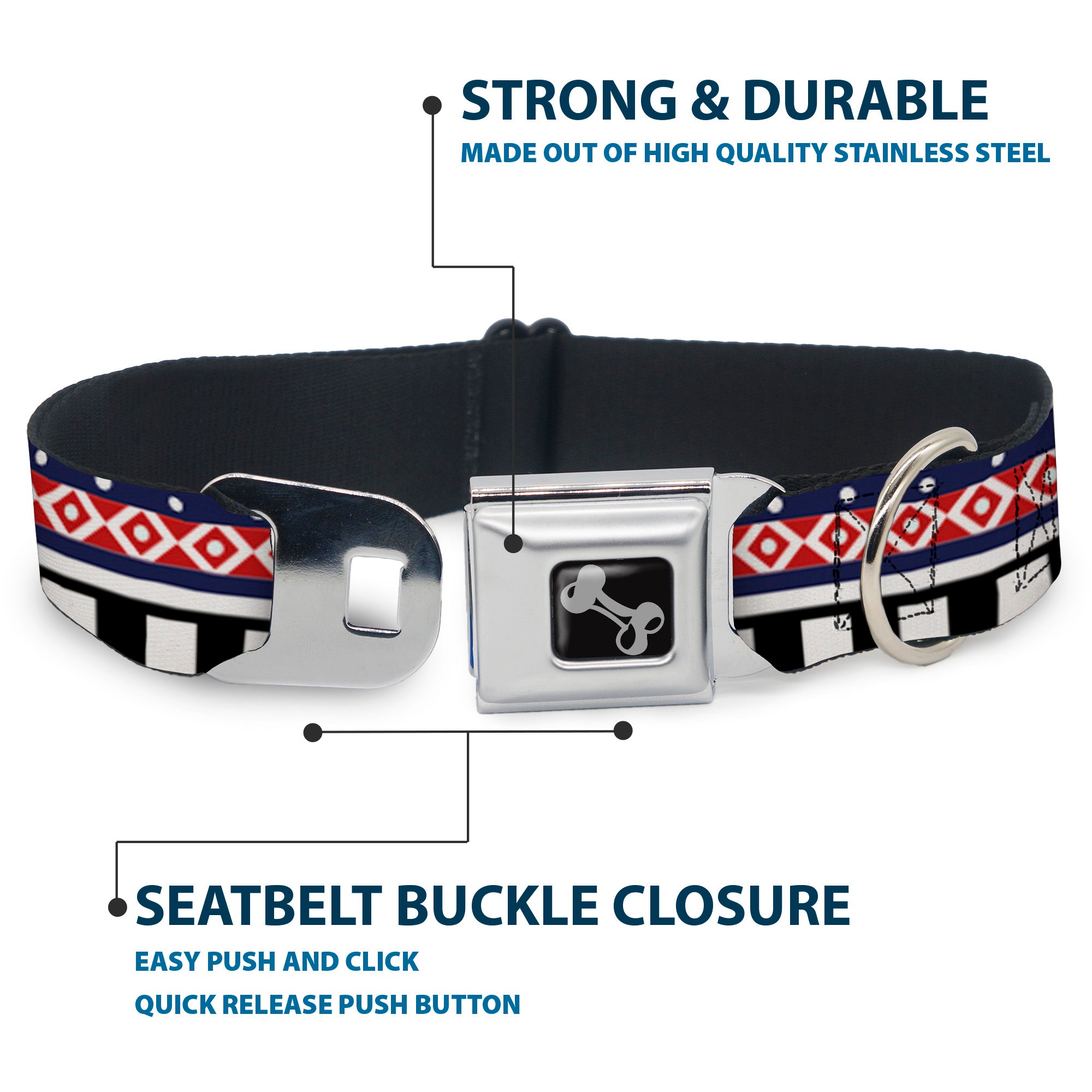 Dog Bone Seatbelt Buckle Collar - Aztec13 White/Navy/Red/Black Seatbelt Buckle Collars Buckle-Down