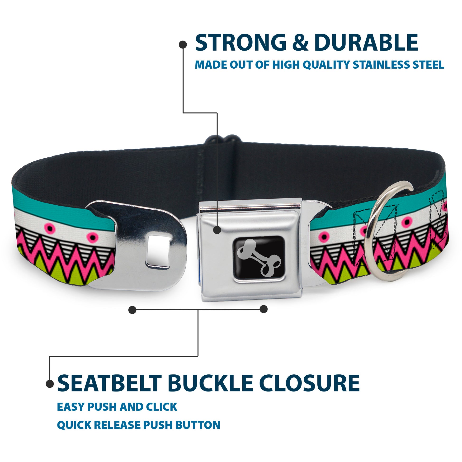 Dog Bone Seatbelt Buckle Collar - Aztec 14 Seafoam Green/White/Pink/Lime Green/Black Seatbelt Buckle Collars Buckle-Down