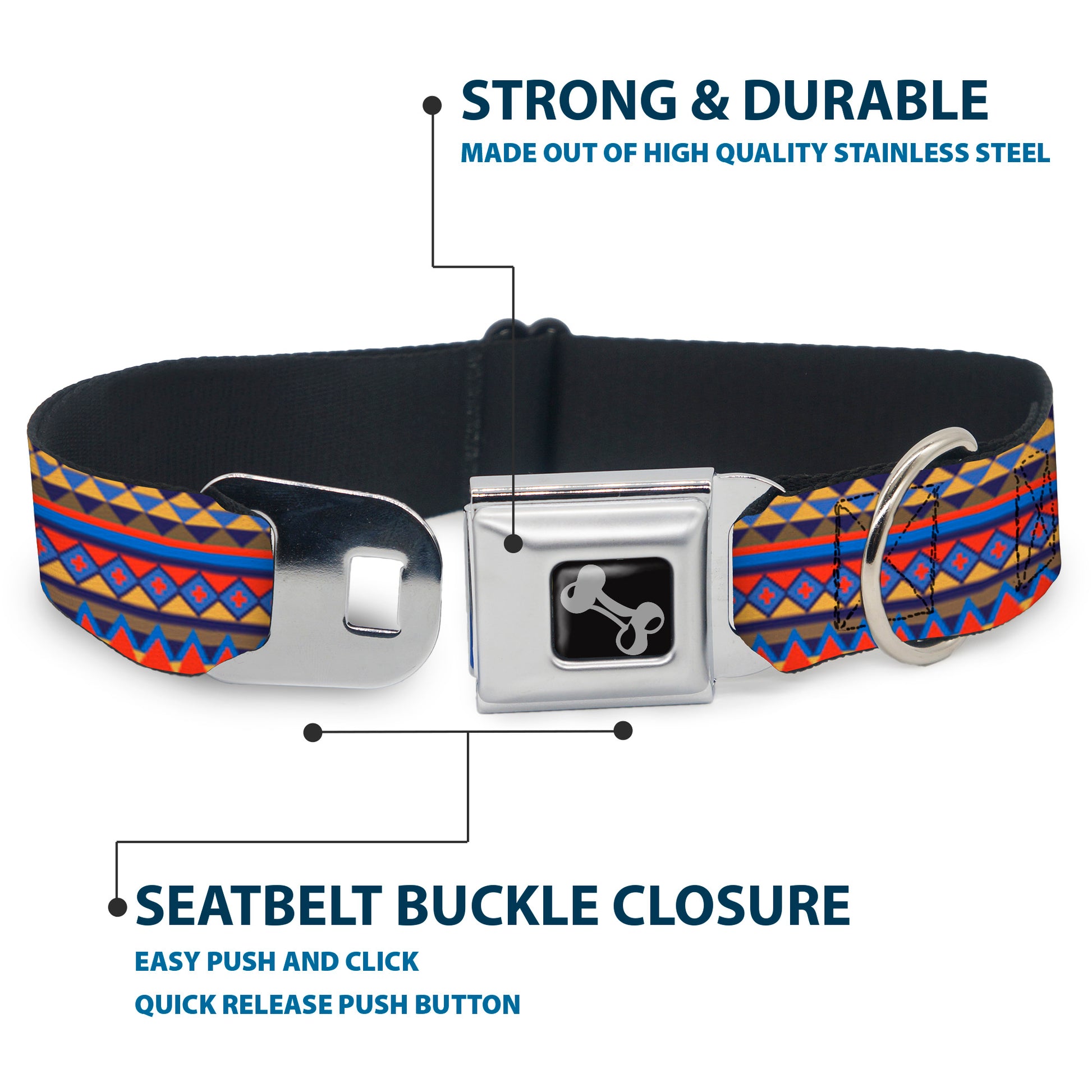 Dog Bone Seatbelt Buckle Collar - Aztec 15 Blues/Yellow/Orange/Gray Seatbelt Buckle Collars Buckle-Down