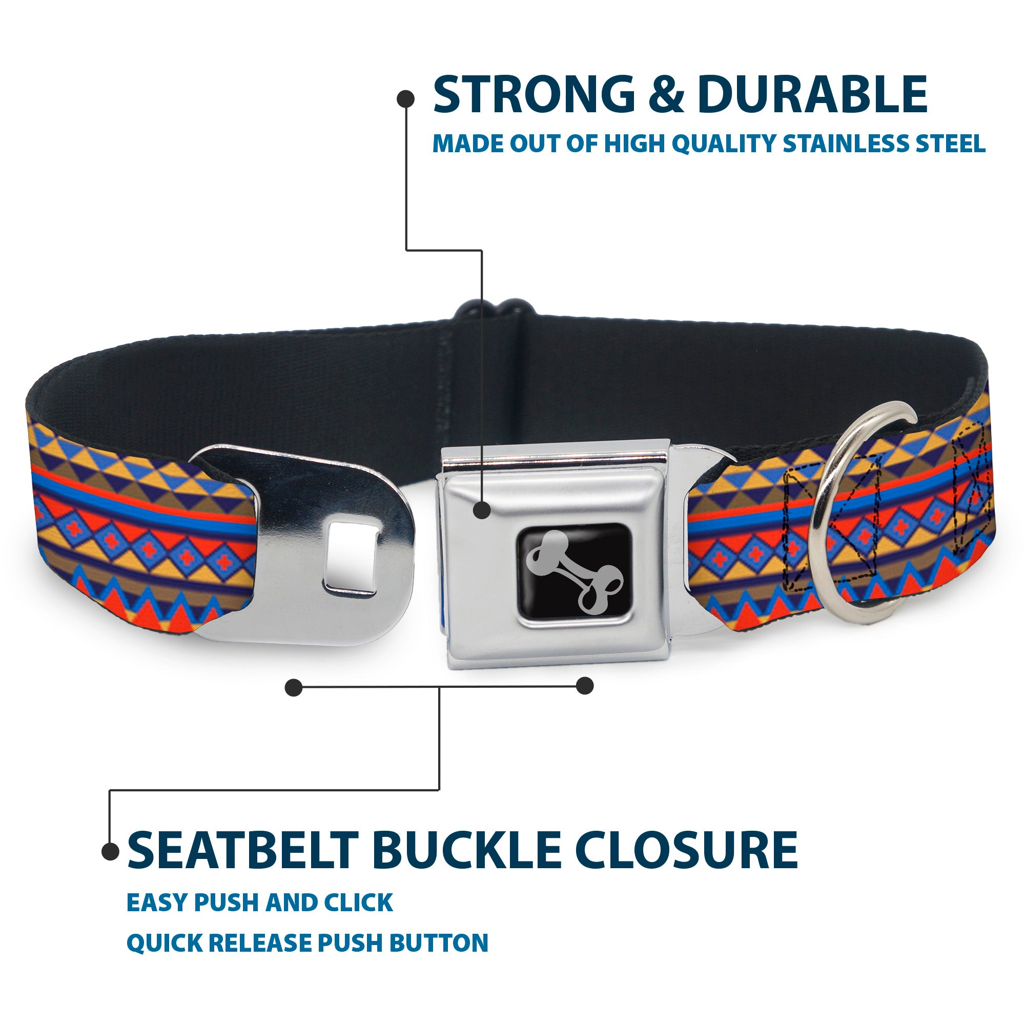 Dog Bone Seatbelt Buckle Collar - Aztec 15 Blues/Yellow/Orange/Gray Seatbelt Buckle Collars Buckle-Down