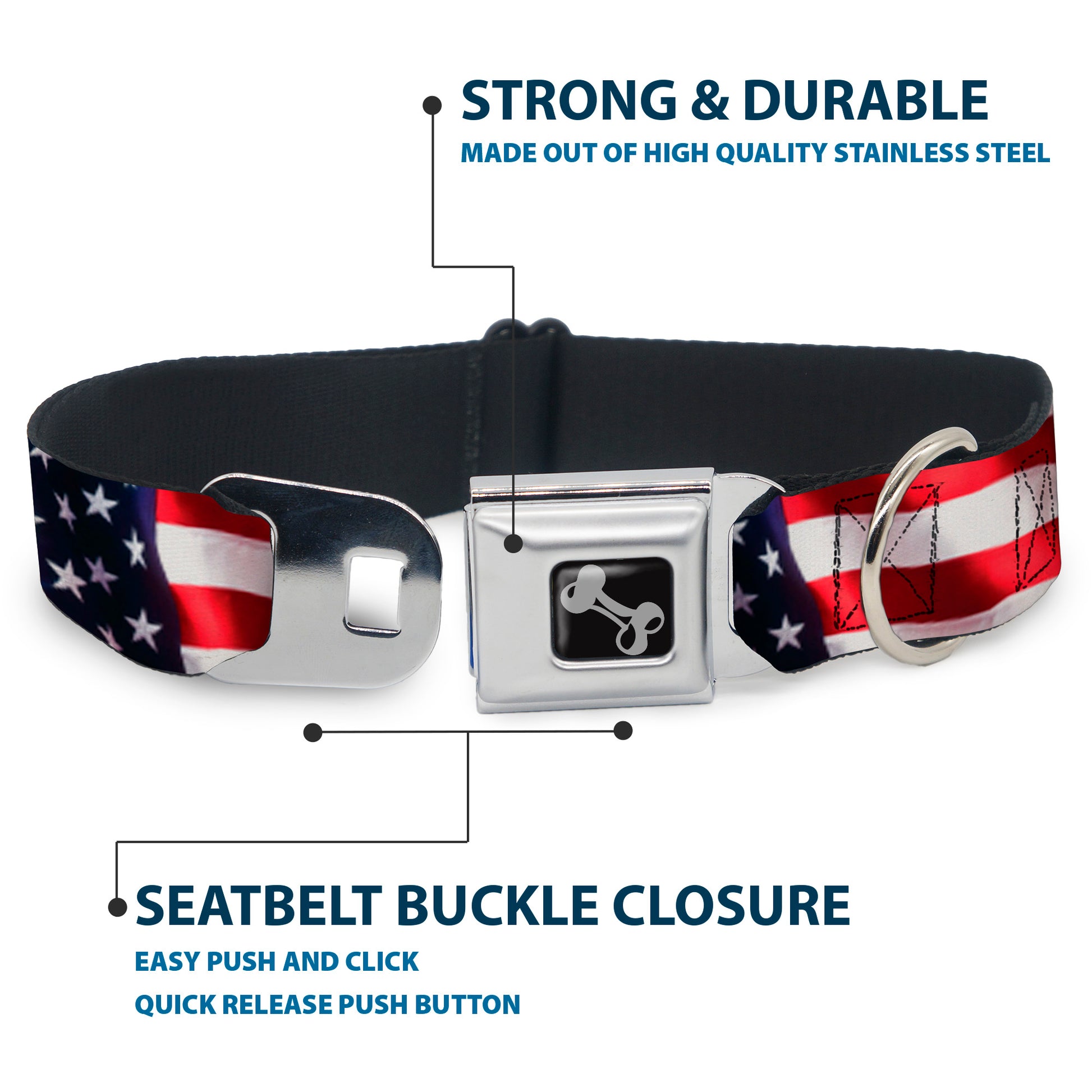 Dog Bone Seatbelt Buckle Collar - American Flag Vivid CLOSE-UP Seatbelt Buckle Collars Buckle-Down