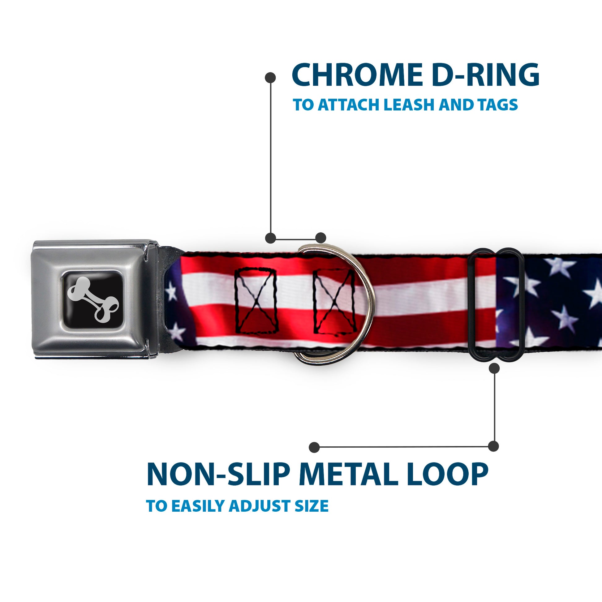 Dog Bone Seatbelt Buckle Collar - American Flag Vivid CLOSE-UP Seatbelt Buckle Collars Buckle-Down