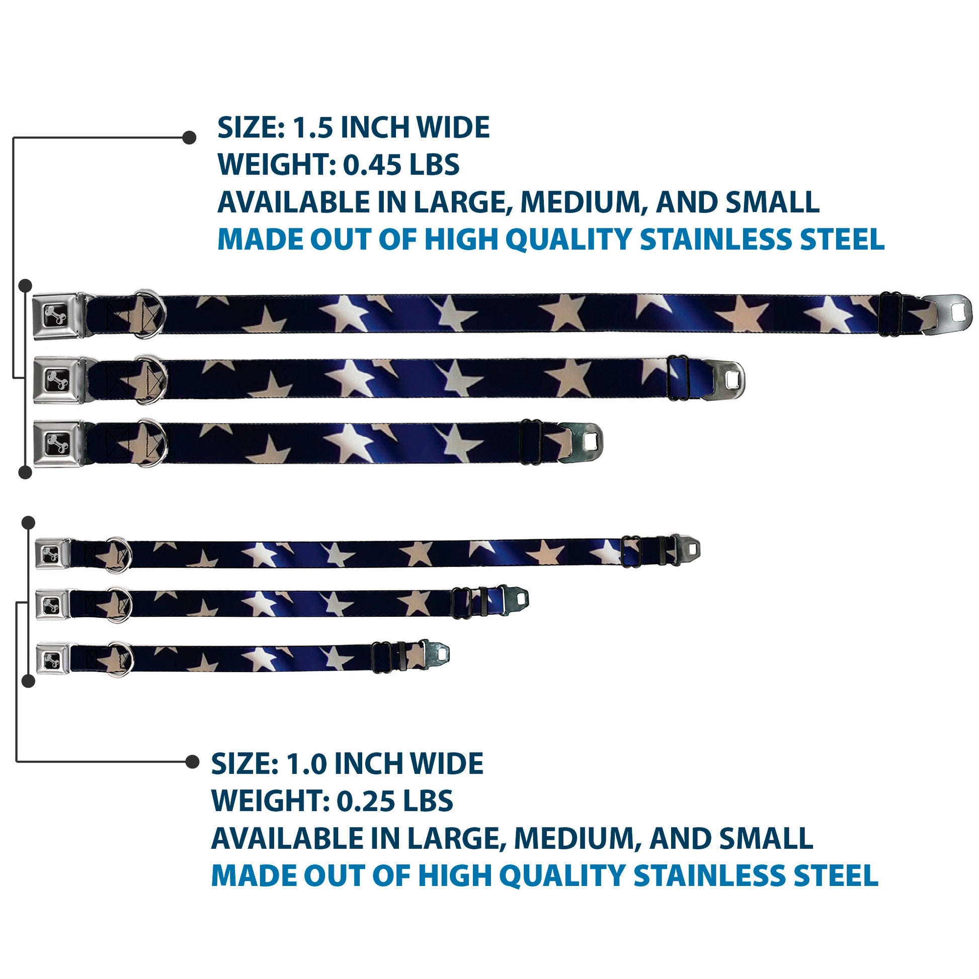 Dog Bone Seatbelt Buckle Collar - American Flag Vivid Stars CLOSE-UP Blue/White Seatbelt Buckle Collars Buckle-Down
