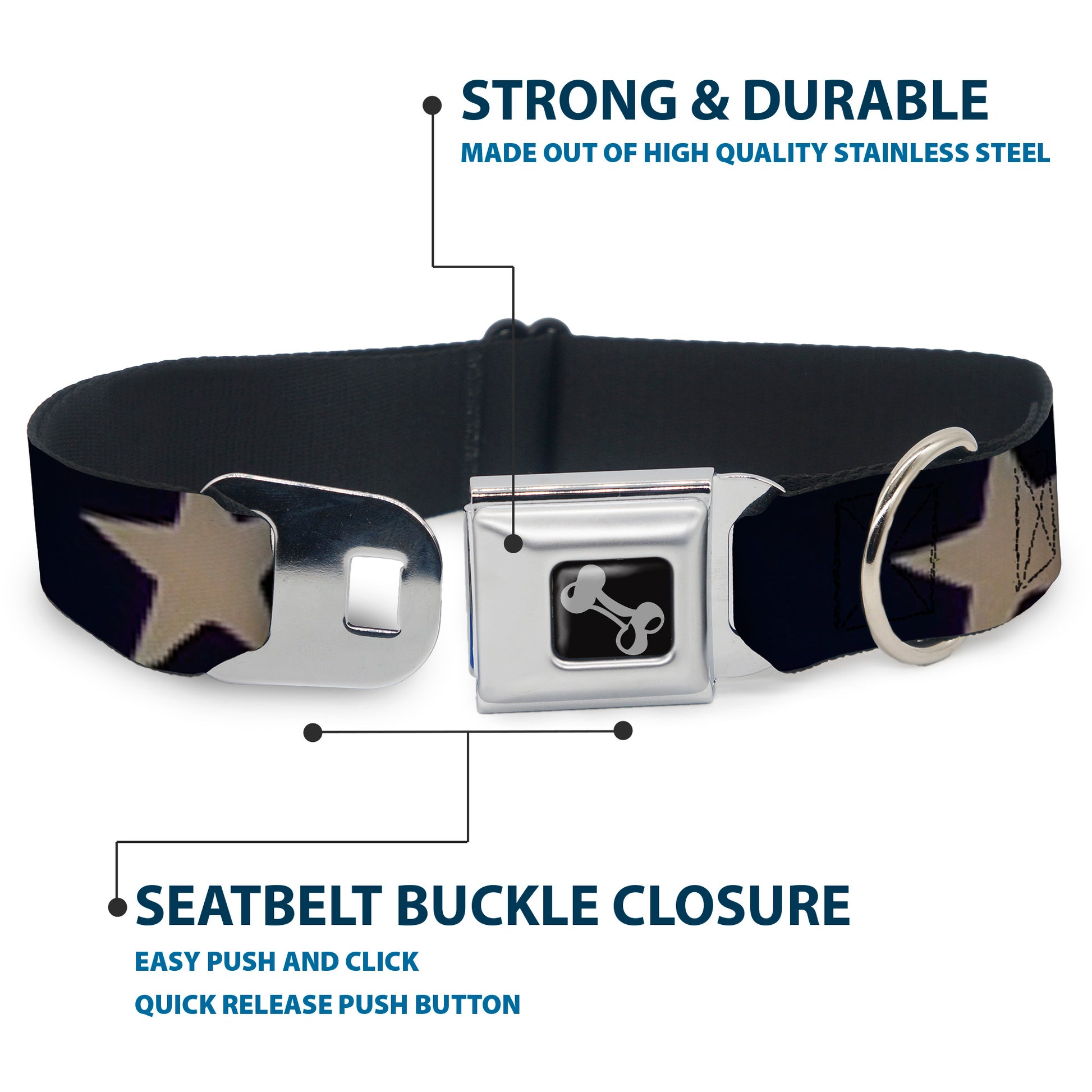 Dog Bone Seatbelt Buckle Collar - American Flag Vivid Stars CLOSE-UP Blue/White Seatbelt Buckle Collars Buckle-Down