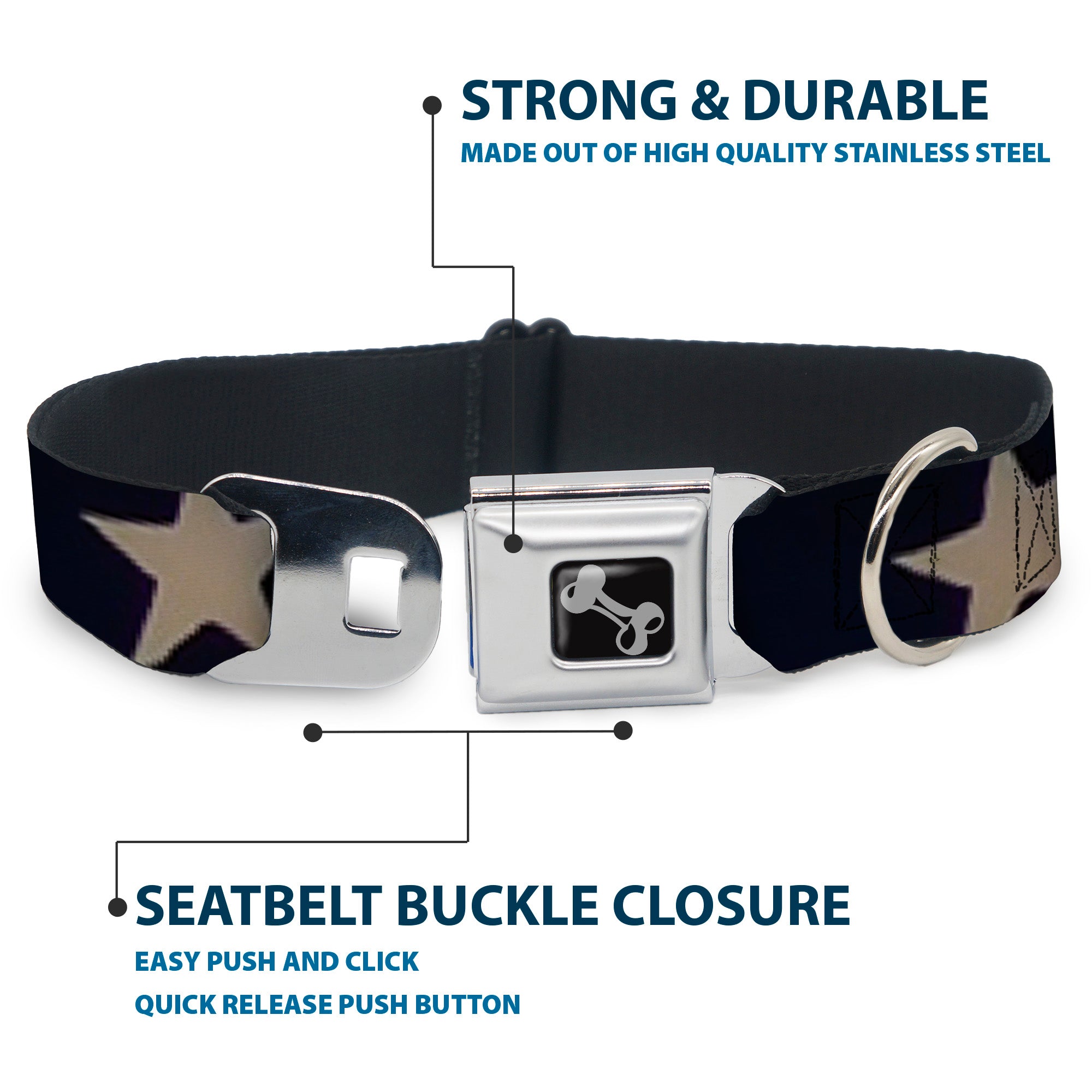 Dog Bone Seatbelt Buckle Collar - American Flag Vivid Stars CLOSE-UP Blue/White Seatbelt Buckle Collars Buckle-Down