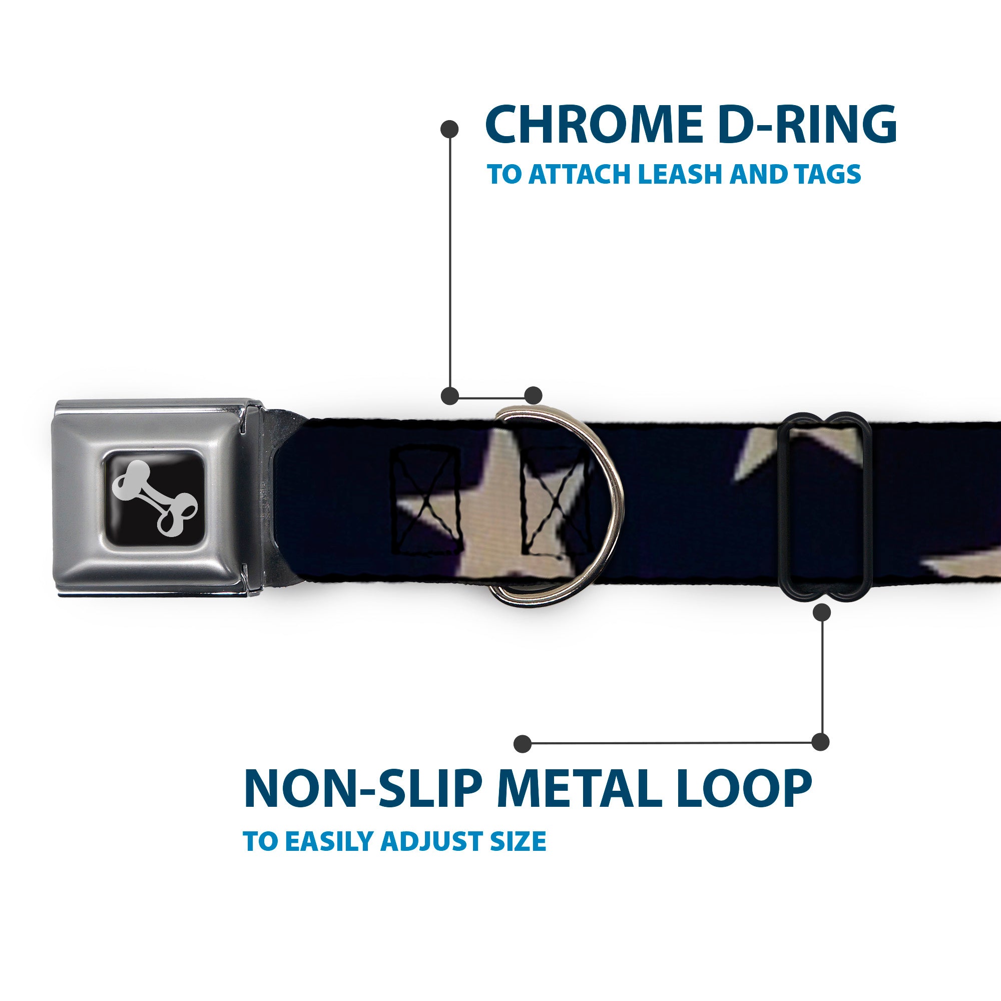 Dog Bone Seatbelt Buckle Collar - American Flag Vivid Stars CLOSE-UP Blue/White Seatbelt Buckle Collars Buckle-Down
