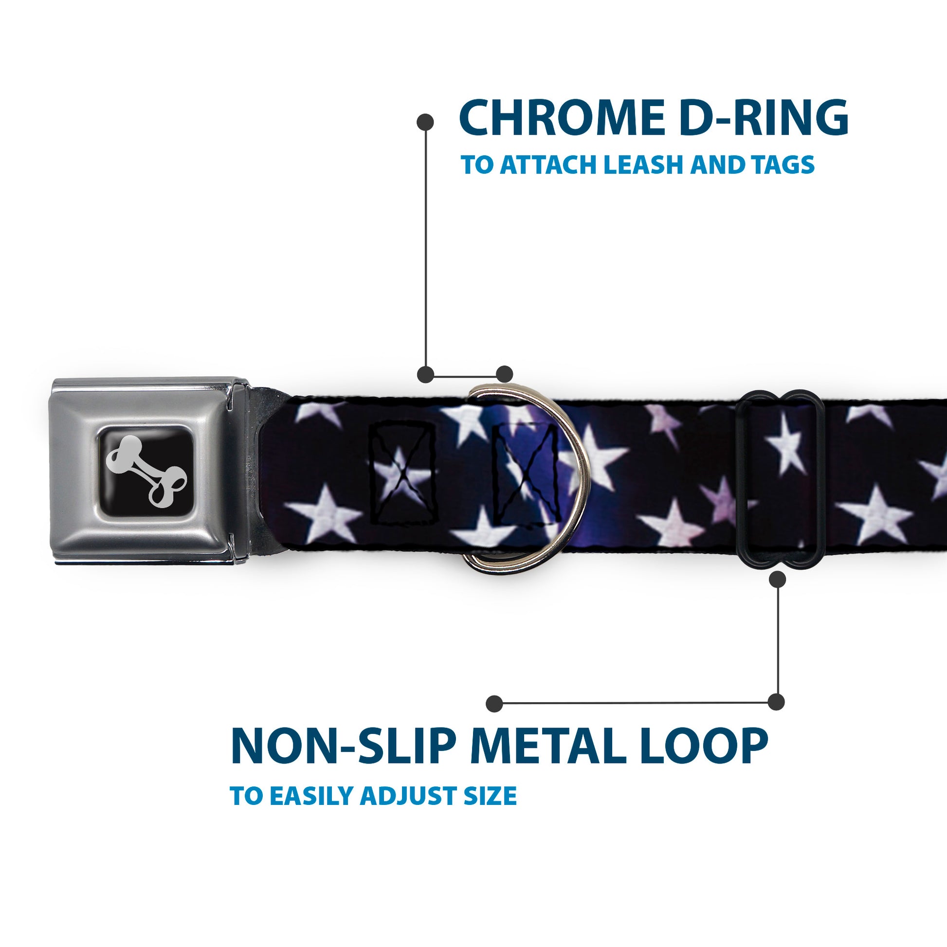 Dog Bone Seatbelt Buckle Collar - American Flag Vivid Stars Blue/White Seatbelt Buckle Collars Buckle-Down