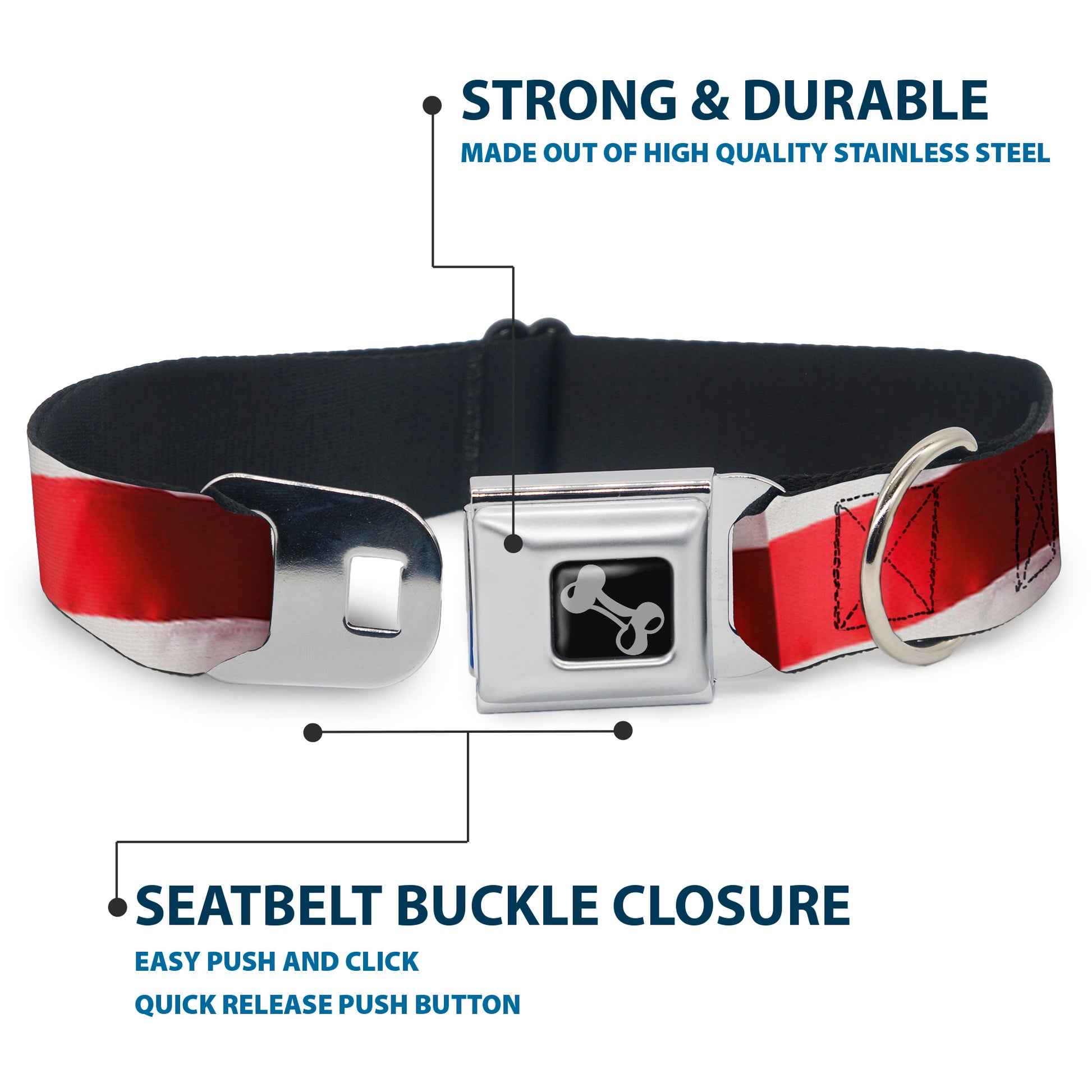 Dog Bone Seatbelt Buckle Collar - American Flag Vivid Stripes CLOSE-UP Red/White Seatbelt Buckle Collars Buckle-Down