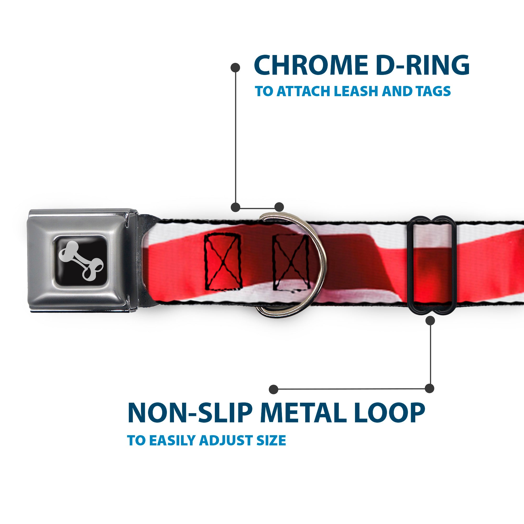 Dog Bone Seatbelt Buckle Collar - American Flag Vivid Stripes CLOSE-UP Red/White Seatbelt Buckle Collars Buckle-Down
