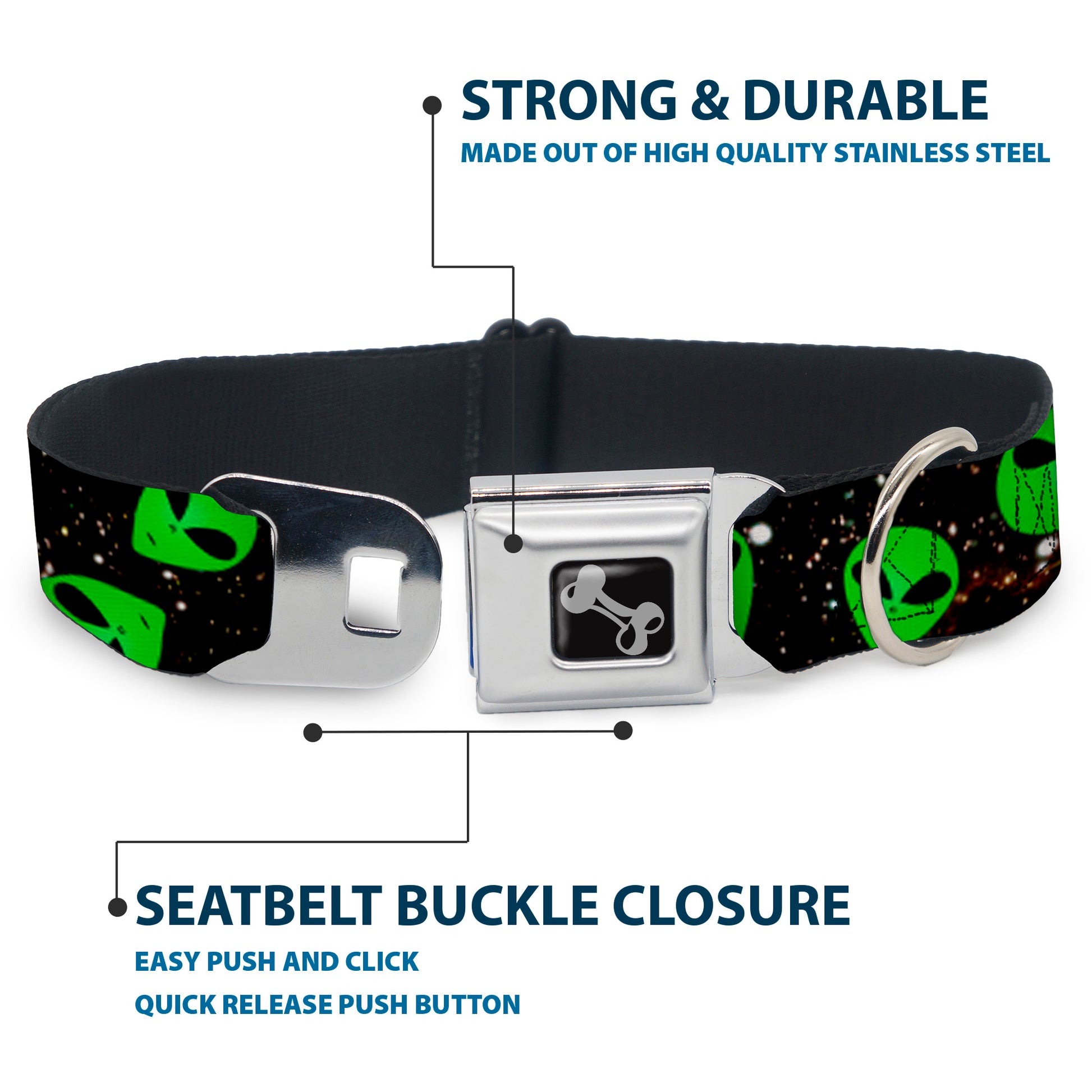 Dog Bone Seatbelt Buckle Collar - Aliens Head Scattered Galaxy2/Green/Black Seatbelt Buckle Collars Buckle-Down