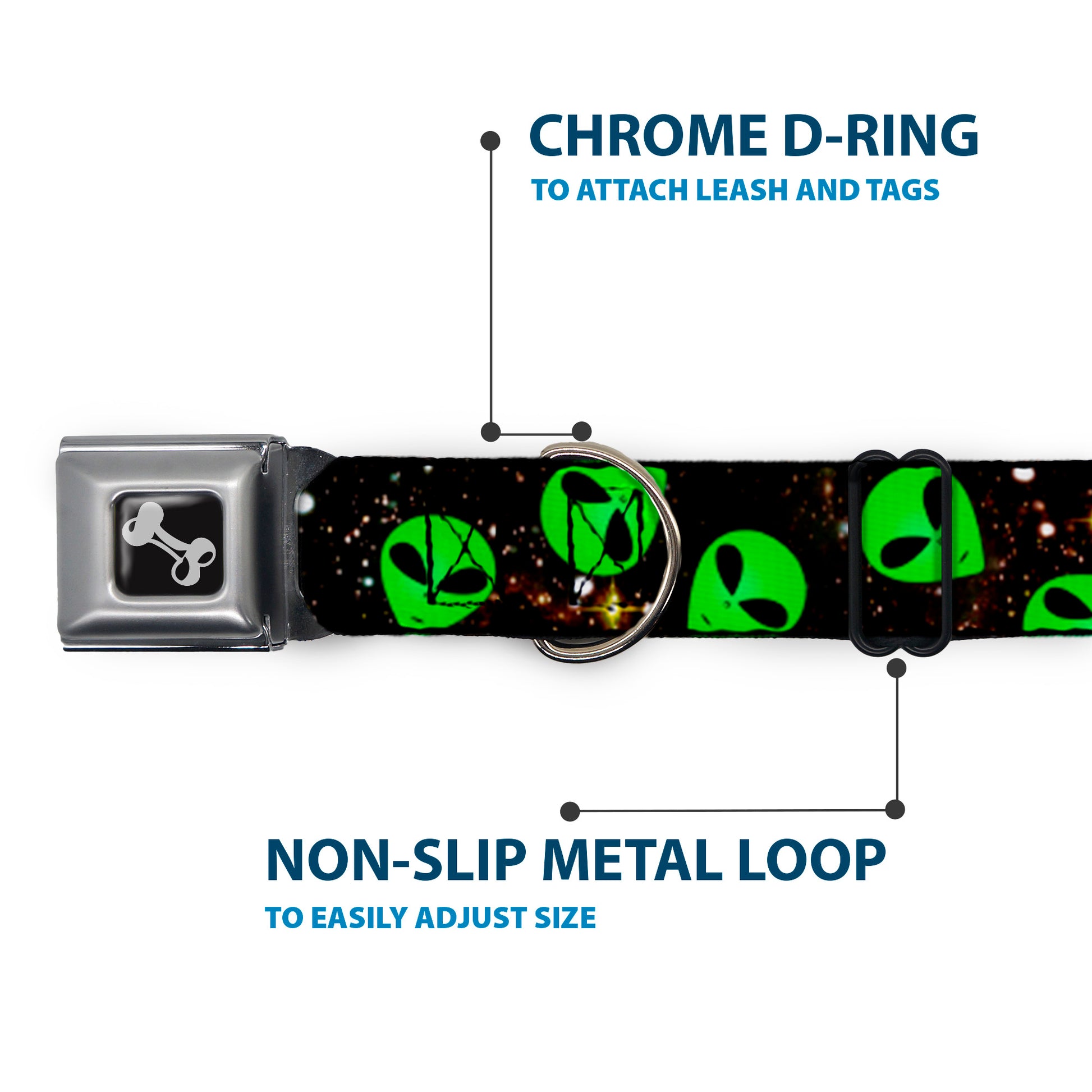 Dog Bone Seatbelt Buckle Collar - Aliens Head Scattered Galaxy2/Green/Black Seatbelt Buckle Collars Buckle-Down