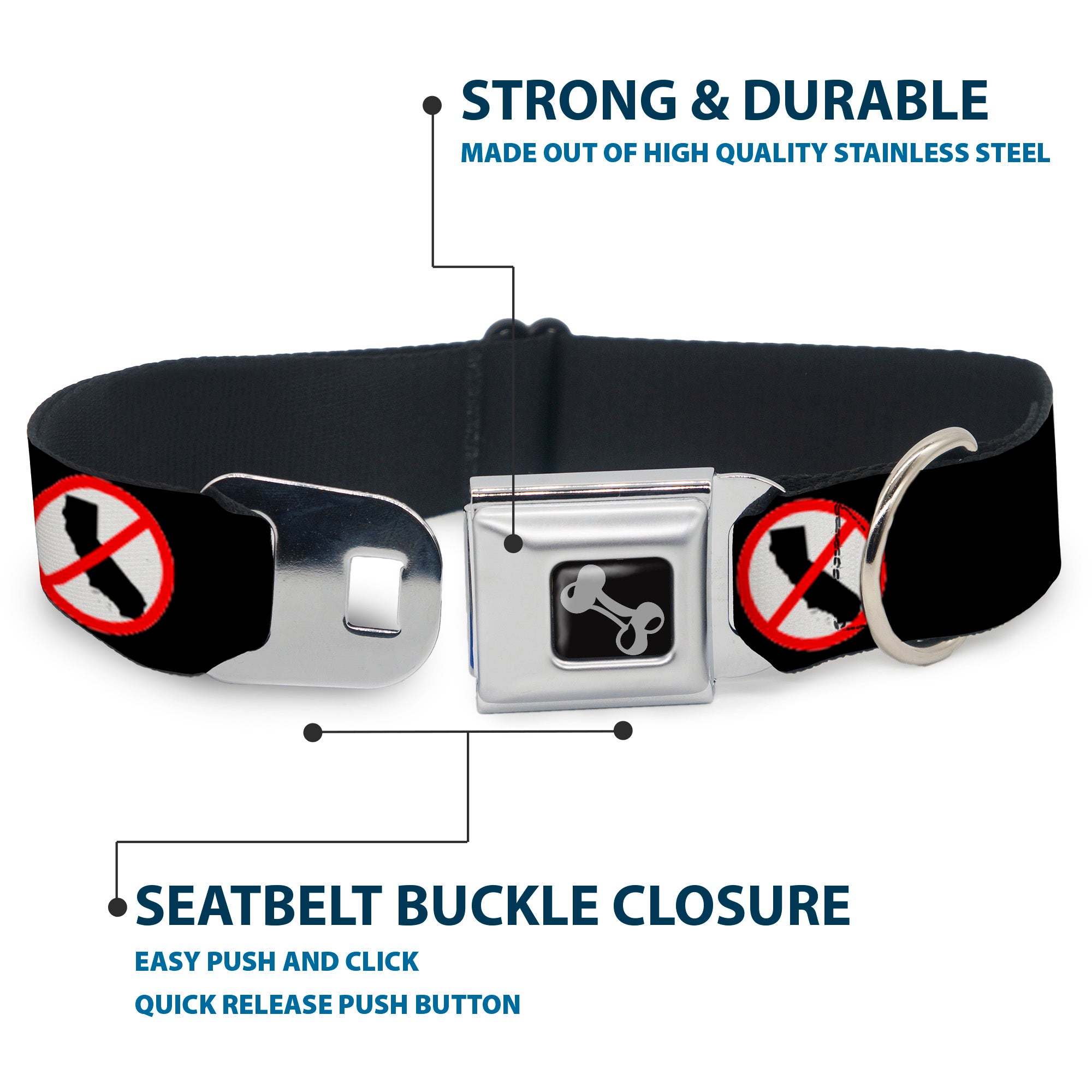 Dog Bone Seatbelt Buckle Collar - Anti-California Logo Black/Red/White Seatbelt Buckle Collars Buckle-Down