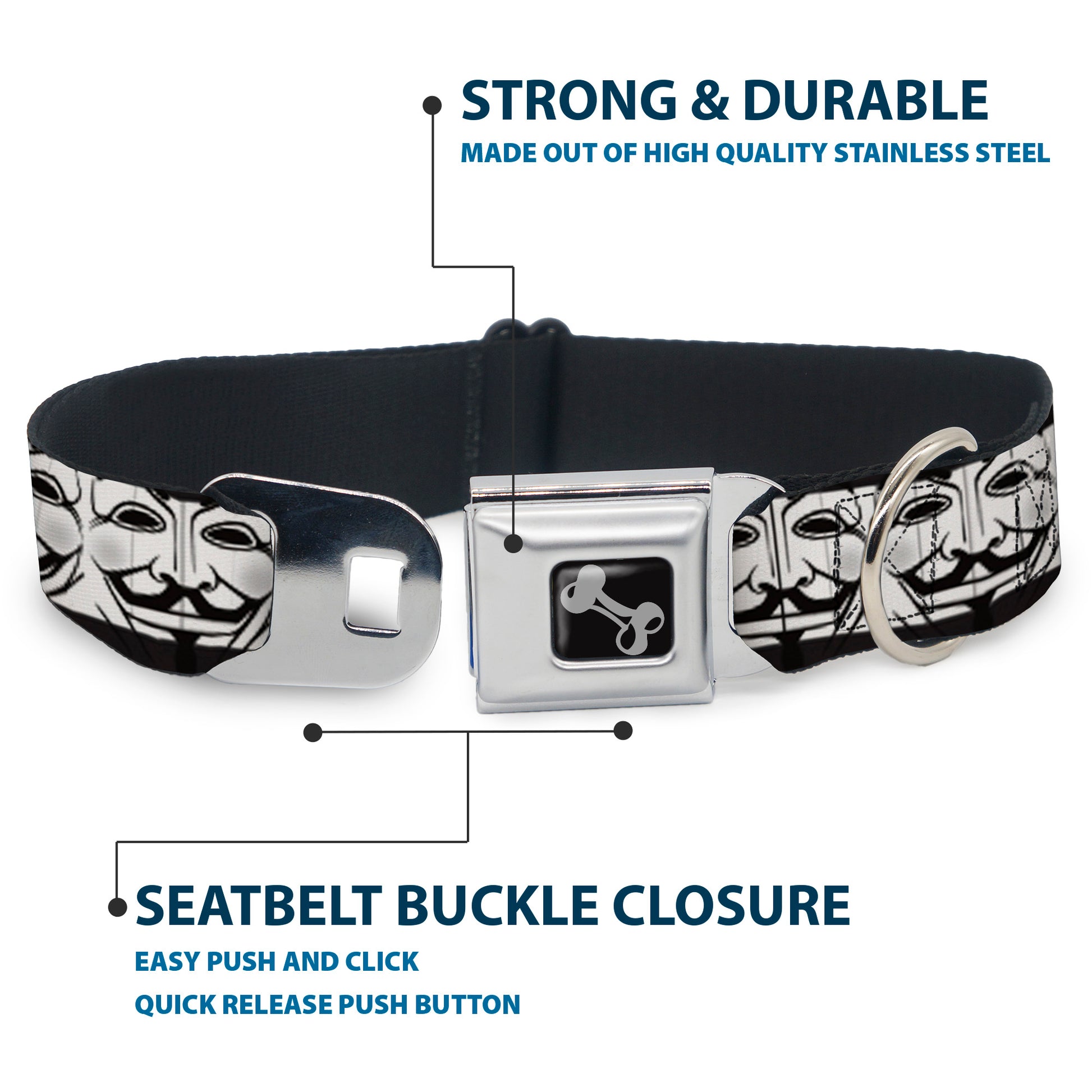 Dog Bone Seatbelt Buckle Collar - Anonymous Face CLOSE-UP Repeat White/Black/Gray Seatbelt Buckle Collars Buckle-Down