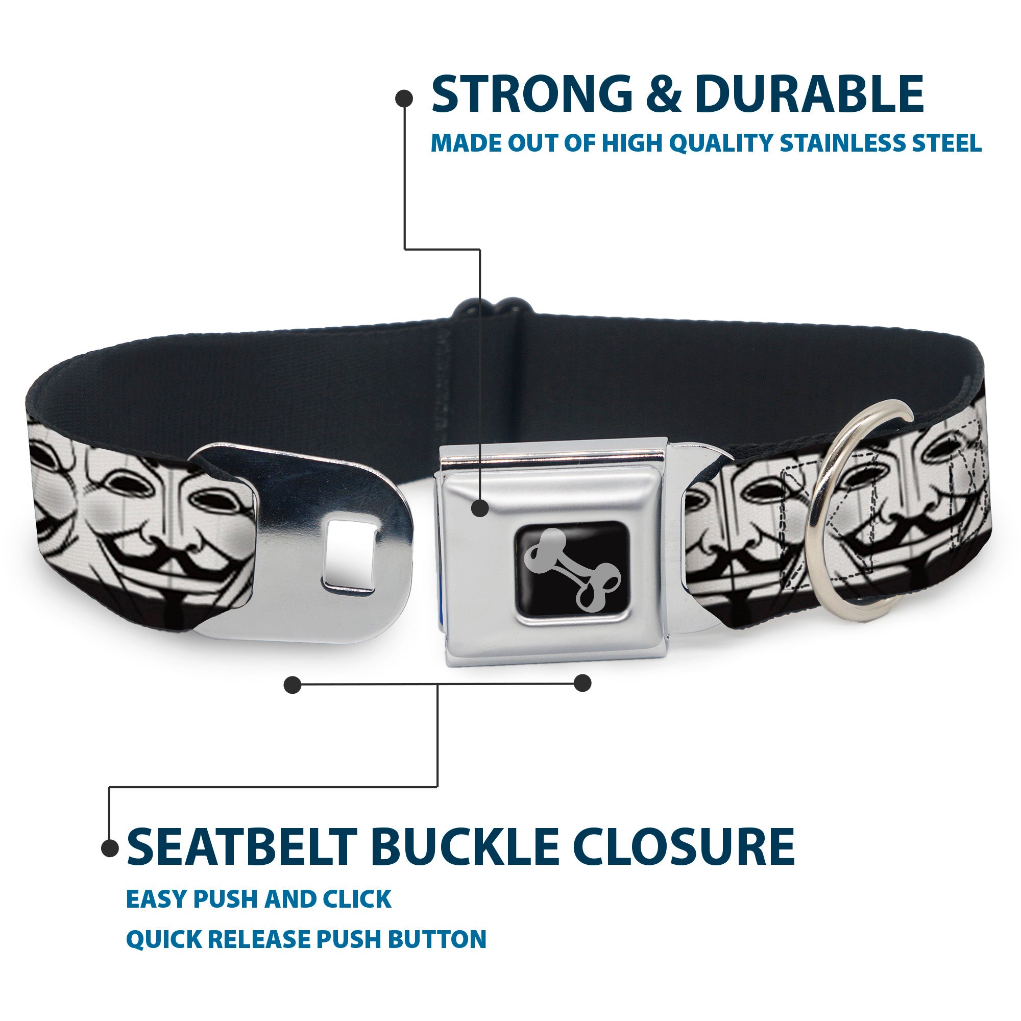 Dog Bone Seatbelt Buckle Collar - Anonymous Face CLOSE-UP Repeat White/Black/Gray Seatbelt Buckle Collars Buckle-Down