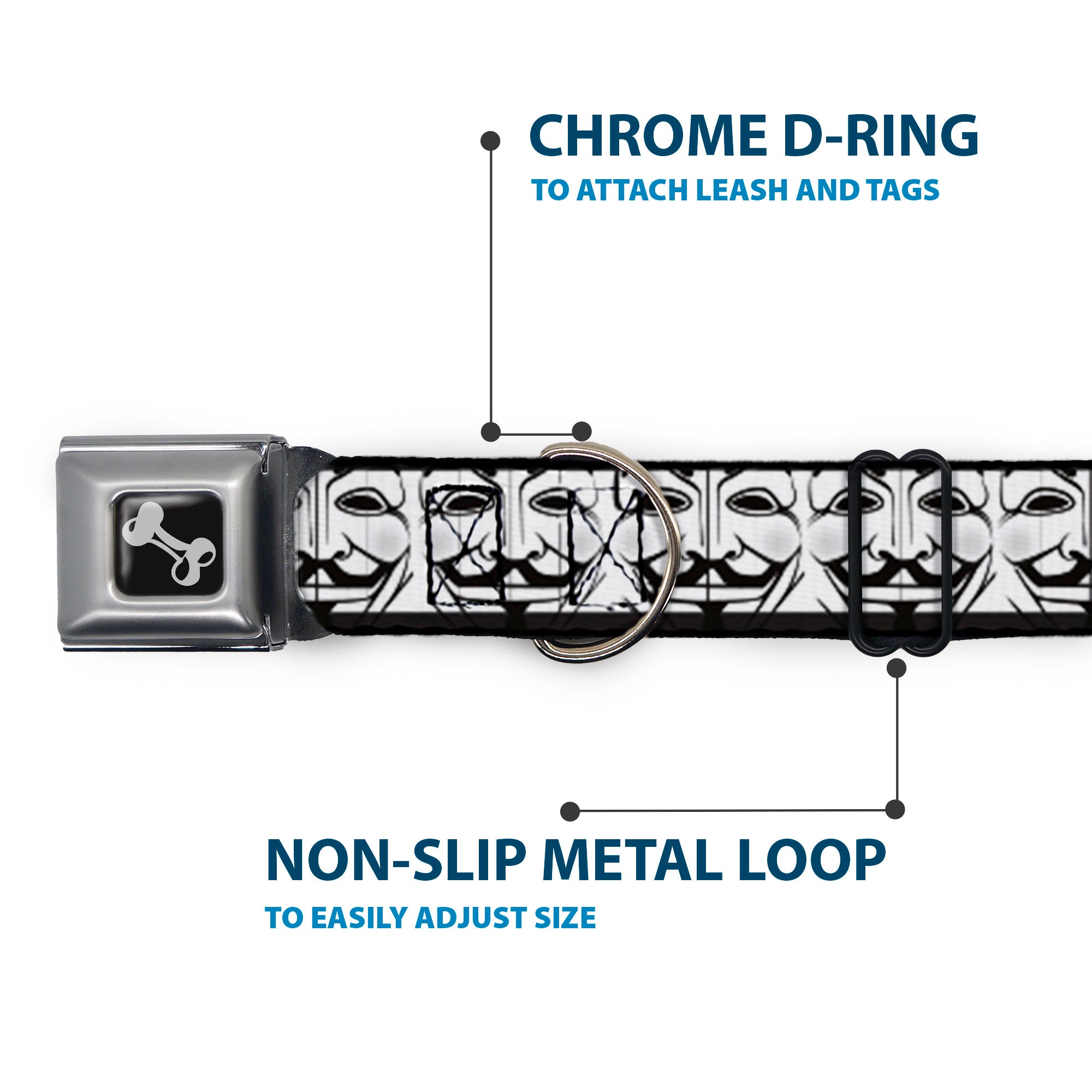 Dog Bone Seatbelt Buckle Collar - Anonymous Face CLOSE-UP Repeat White/Black/Gray Seatbelt Buckle Collars Buckle-Down