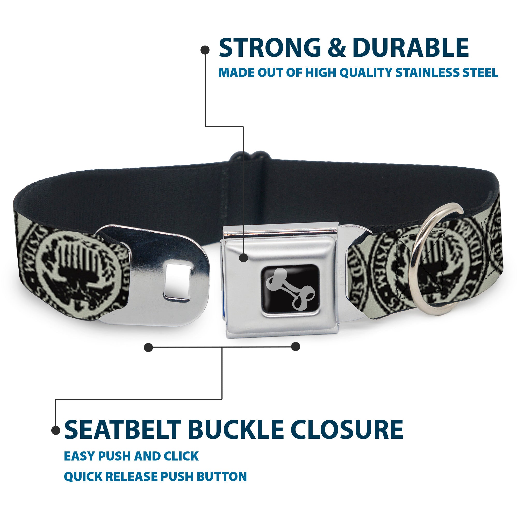 Dog Bone Seatbelt Buckle Collar - Americana Federal Reserve Seal Weathered Gray/Black Seatbelt Buckle Collars Buckle-Down