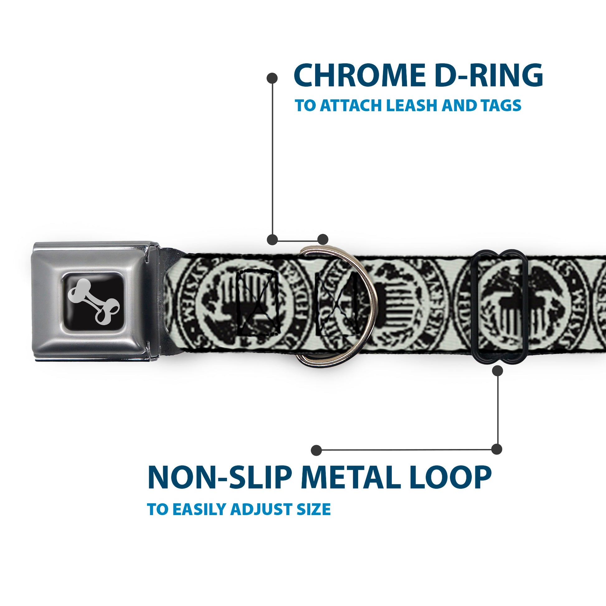 Dog Bone Seatbelt Buckle Collar - Americana Federal Reserve Seal Weathered Gray/Black Seatbelt Buckle Collars Buckle-Down