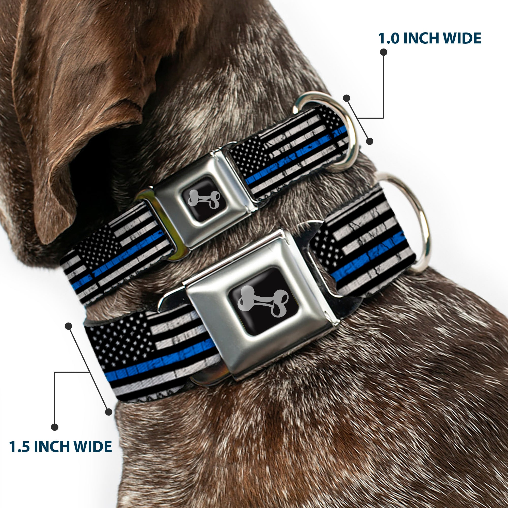 Dog Bone Black/Silver Seatbelt Buckle Collar - Thin Blue Line Flag Weathered Black/Gray/Blue Seatbelt Buckle Collars Buckle-Down