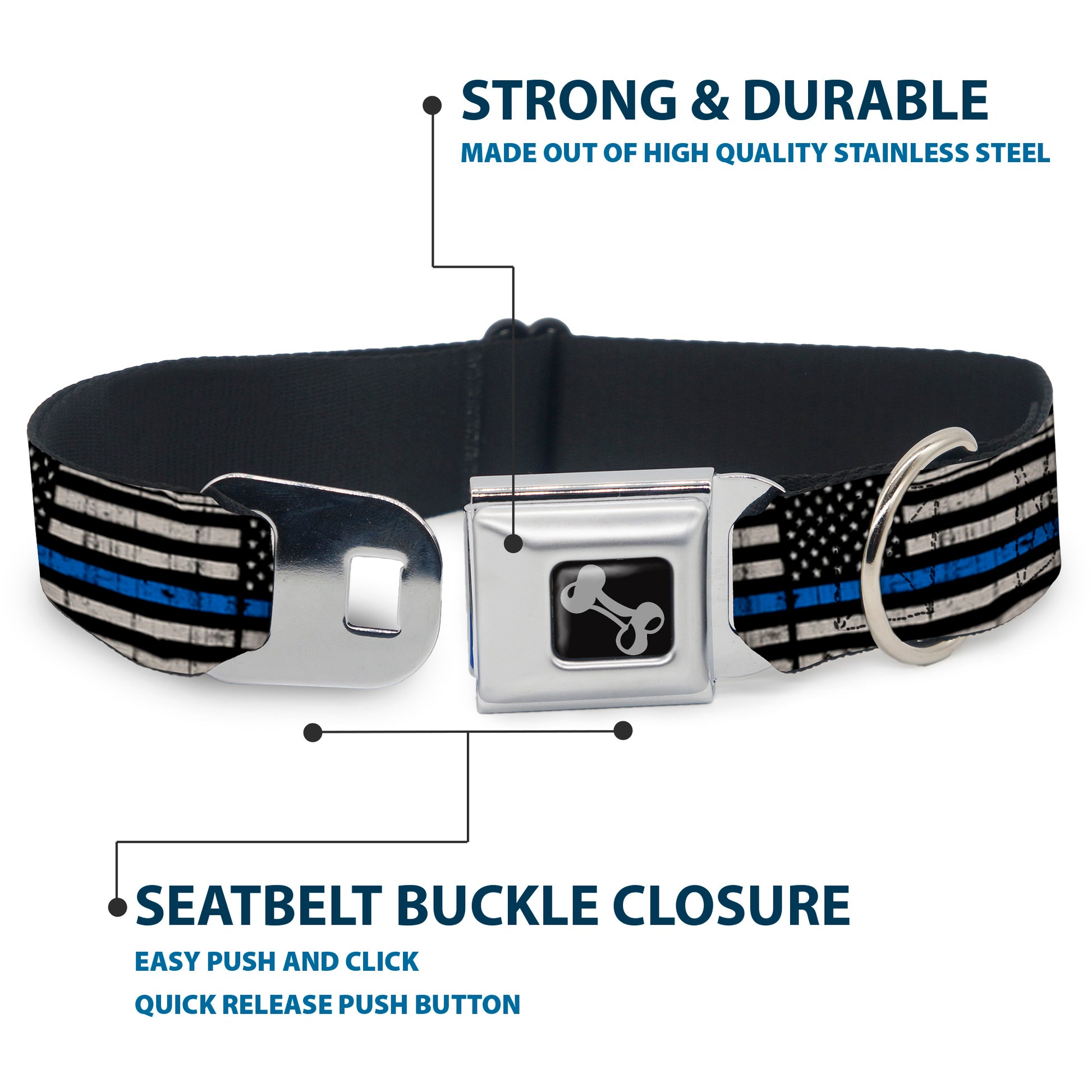Dog Bone Black/Silver Seatbelt Buckle Collar - Thin Blue Line Flag Weathered Black/Gray/Blue Seatbelt Buckle Collars Buckle-Down