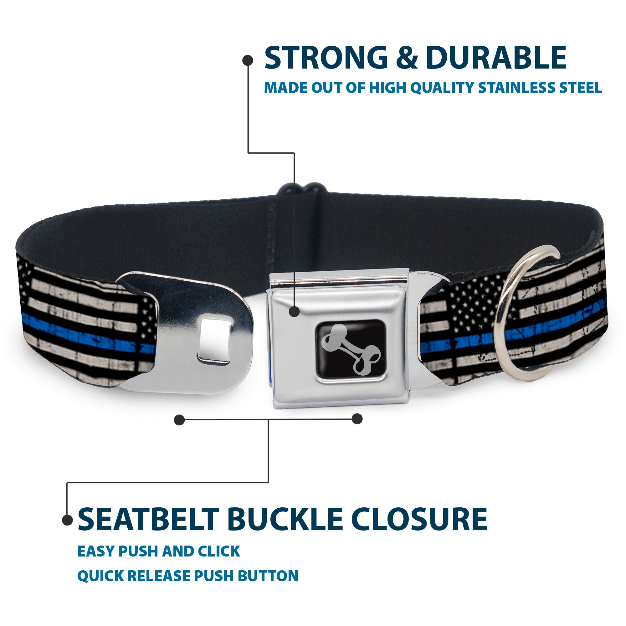 Dog Bone Black/Silver Seatbelt Buckle Collar - Thin Blue Line Flag Weathered Black/Gray/Blue Seatbelt Buckle Collars Buckle-Down
