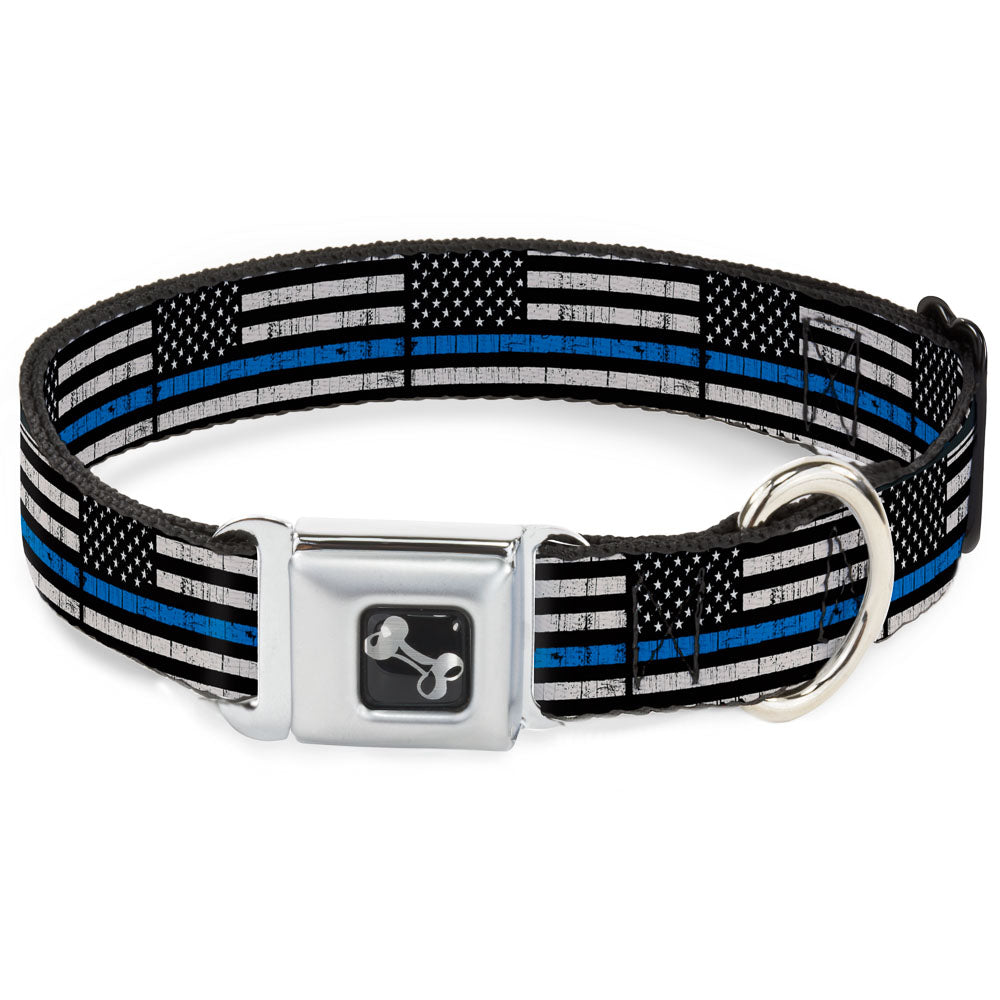 Dog Bone Black/Silver Seatbelt Buckle Collar - Thin Blue Line Flag Weathered Black/Gray/Blue Seatbelt Buckle Collars Buckle-Down