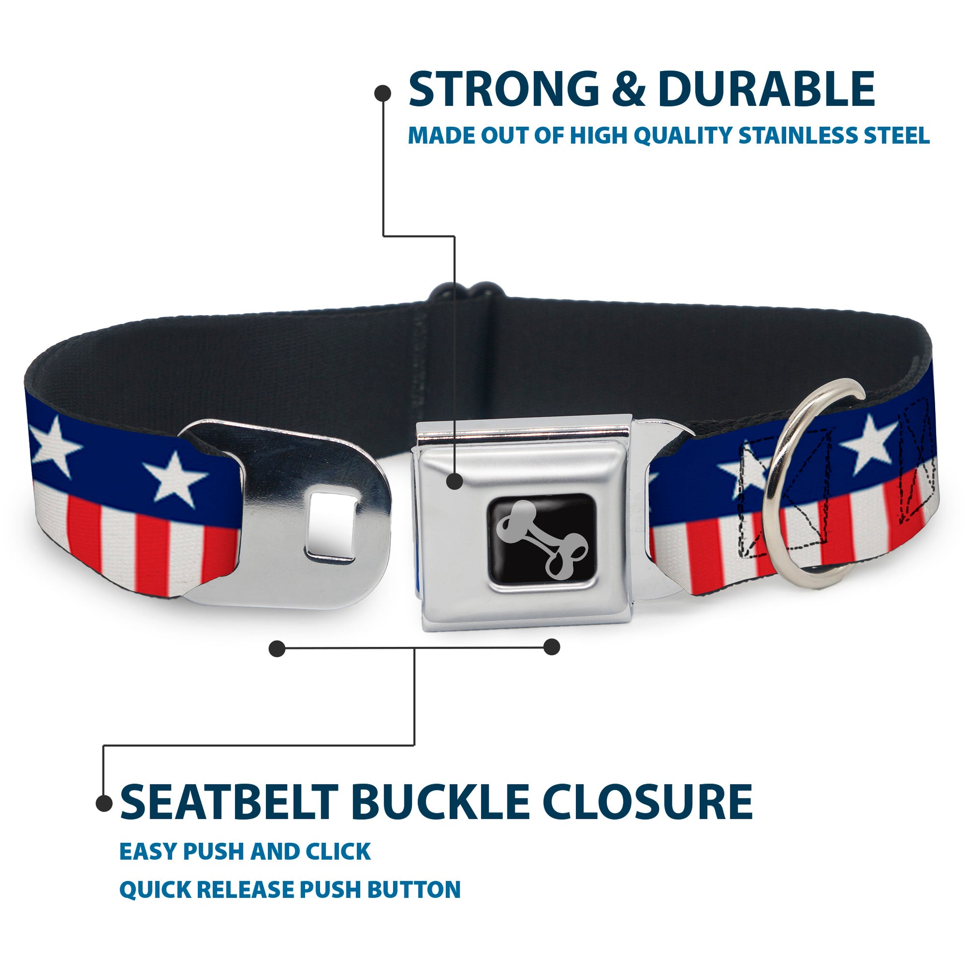 Dog Bone Seatbelt Buckle Collar - Americana Stars & Stripes2 Blue/White/Red/White Seatbelt Buckle Collars Buckle-Down