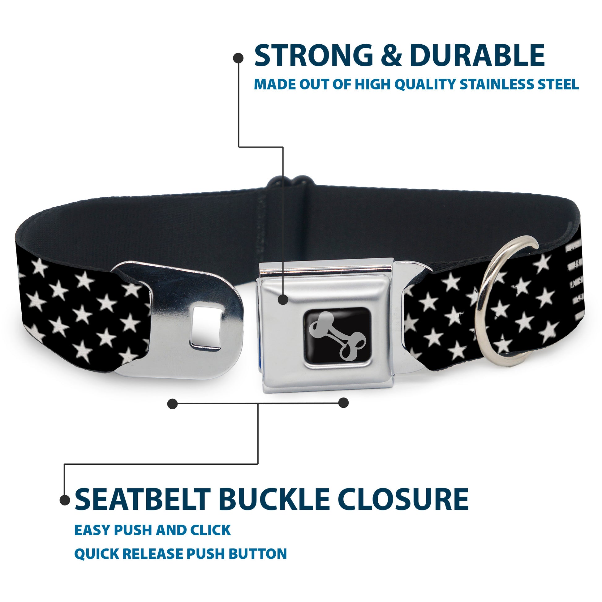 Dog Bone Seatbelt Buckle Collar - Americana Stars & Stripes2 Black/White Seatbelt Buckle Collars Buckle-Down