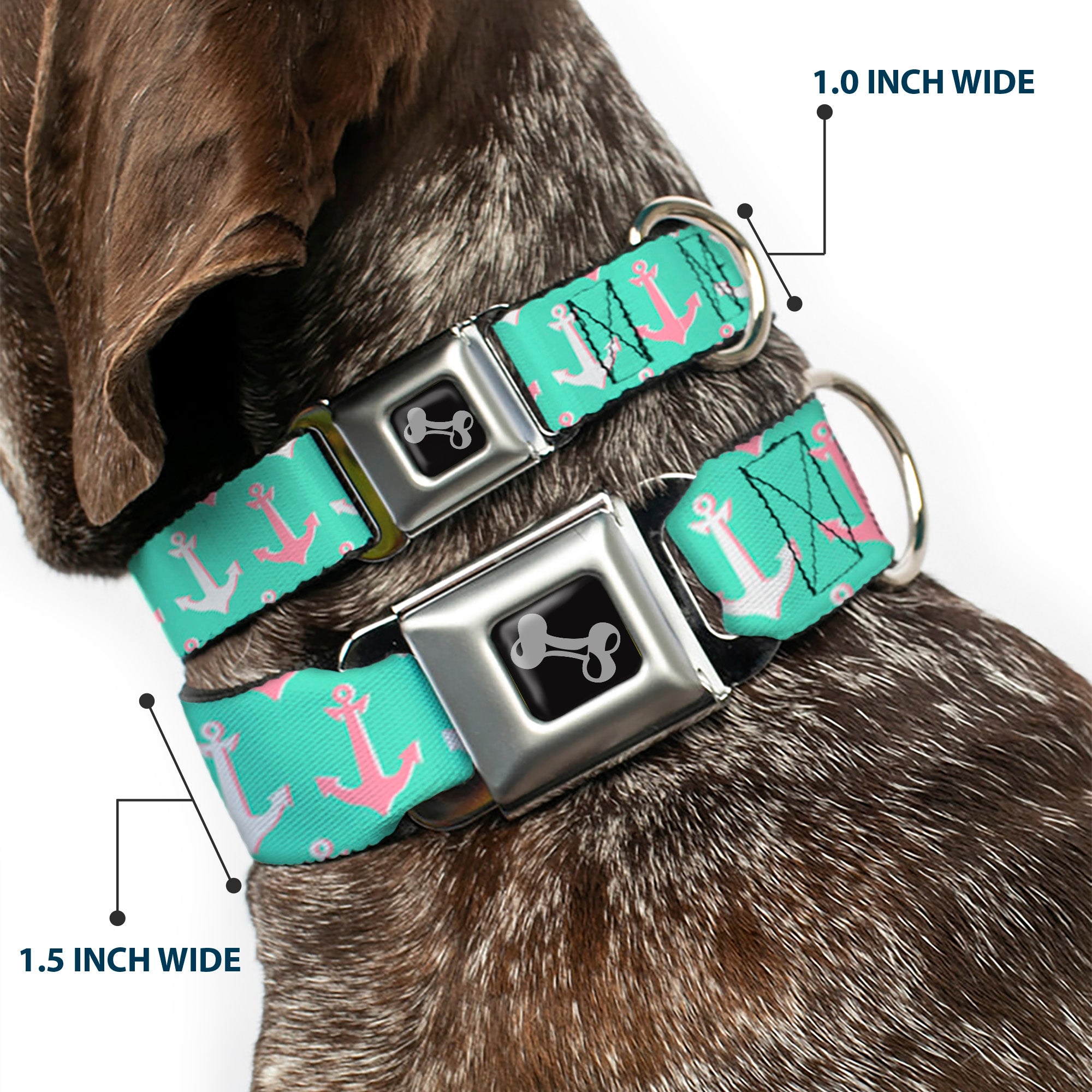 Dog Bone Seatbelt Buckle Collar - Anchor2 CLOSE-UP Green/Pink/White Seatbelt Buckle Collars Buckle-Down