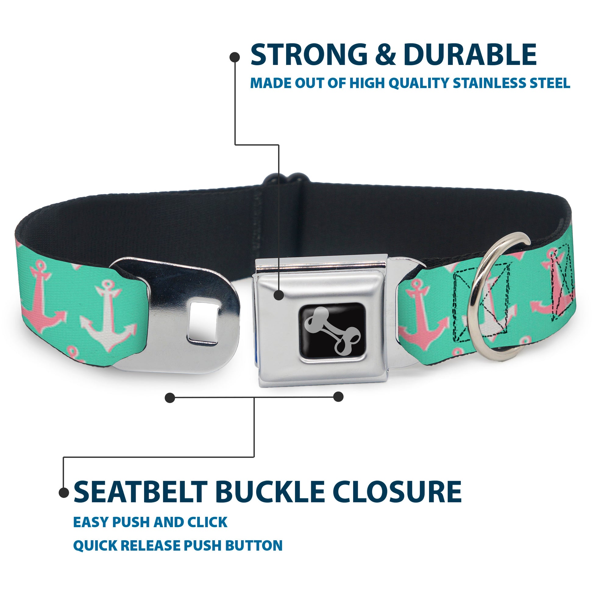 Dog Bone Seatbelt Buckle Collar - Anchor2 CLOSE-UP Green/Pink/White Seatbelt Buckle Collars Buckle-Down