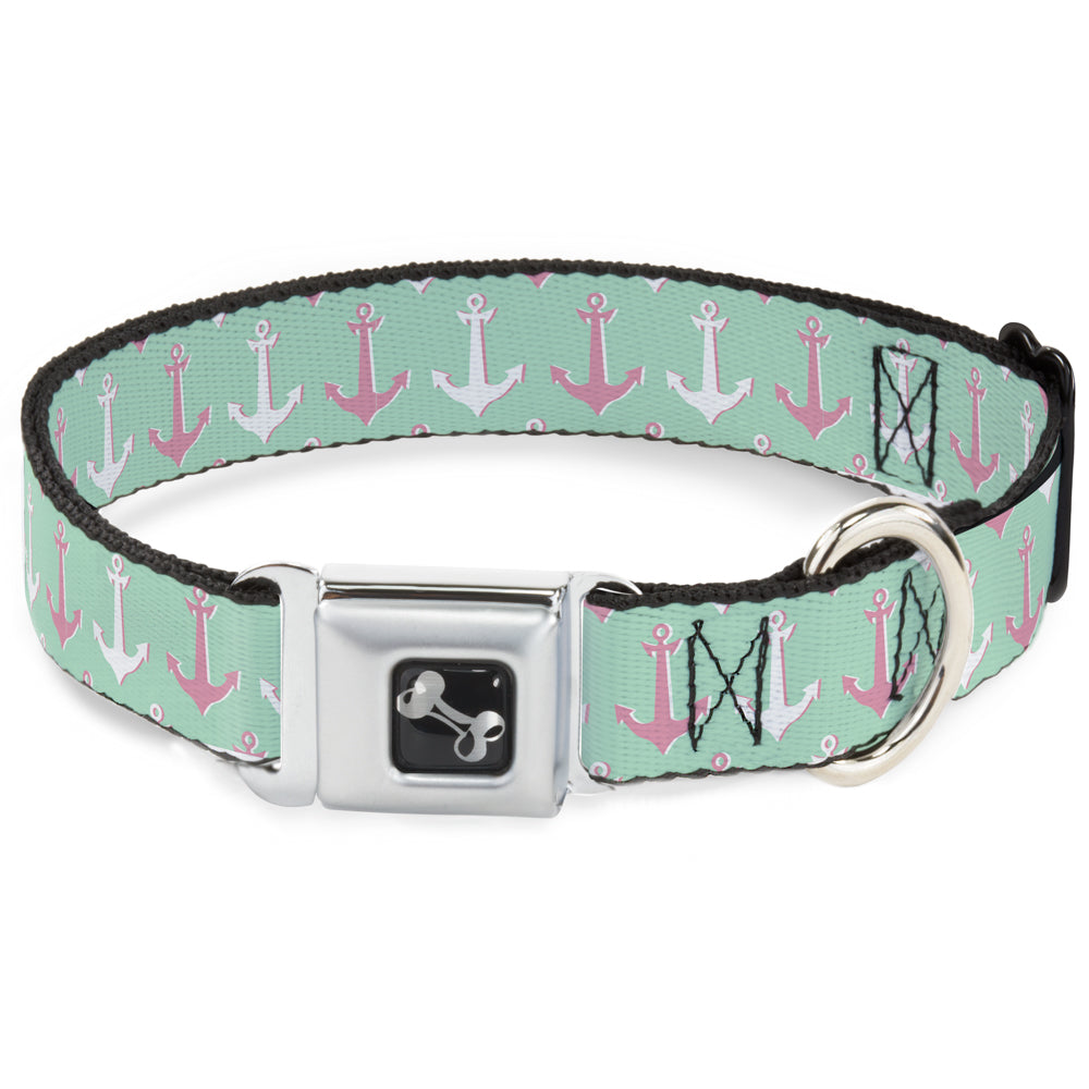 Dog Bone Seatbelt Buckle Collar - Anchor2 CLOSE-UP Green/Pink/White Seatbelt Buckle Collars Buckle-Down