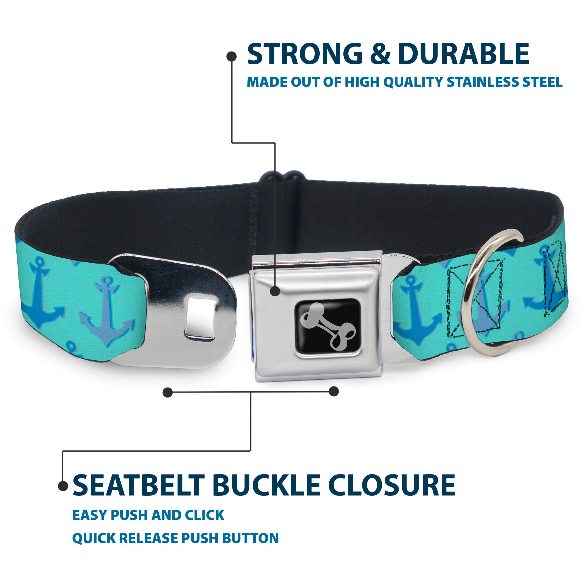 Dog Bone Seatbelt Buckle Collar - Anchor2 CLOSE-UP Turquoise/Blues Seatbelt Buckle Collars Buckle-Down
