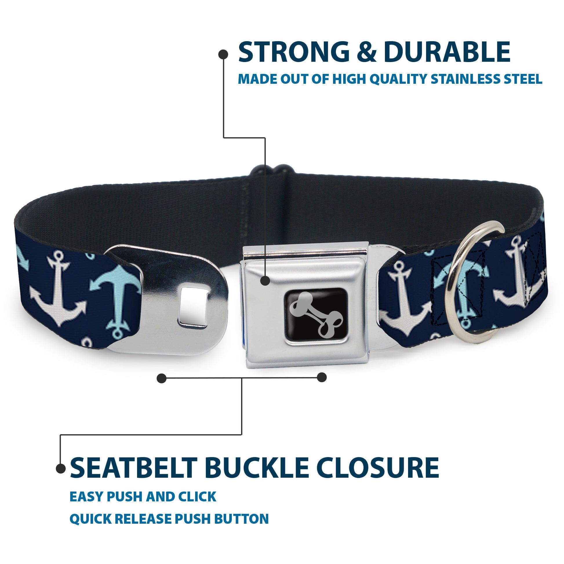 Dog Bone Seatbelt Buckle Collar - Anchor2 Flip CLOSE-UP Navy/Baby Blue/White Seatbelt Buckle Collars Buckle-Down