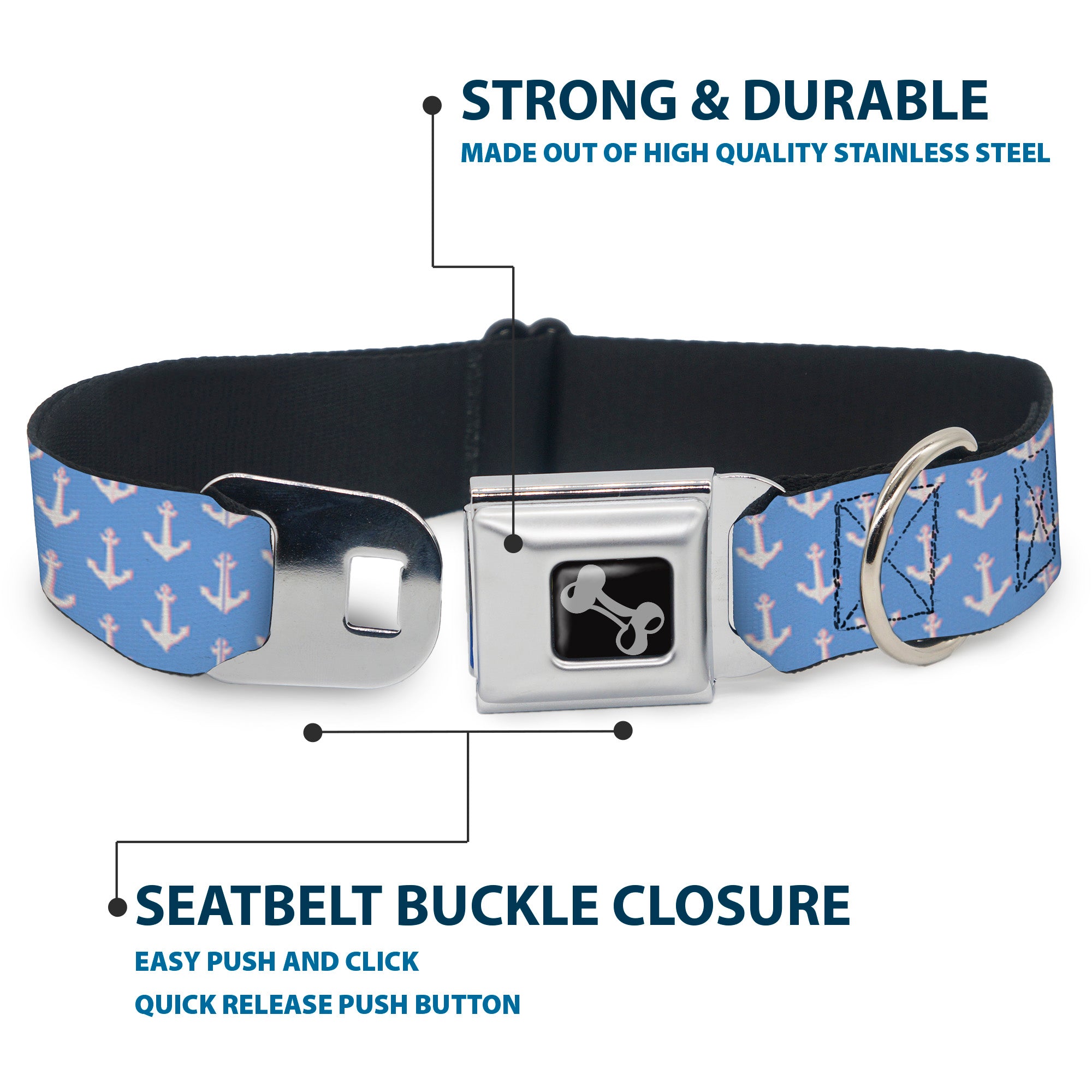 Dog Bone Seatbelt Buckle Collar - Anchor2 Monogram Baby Blue/Baby Pink/White Seatbelt Buckle Collars Buckle-Down