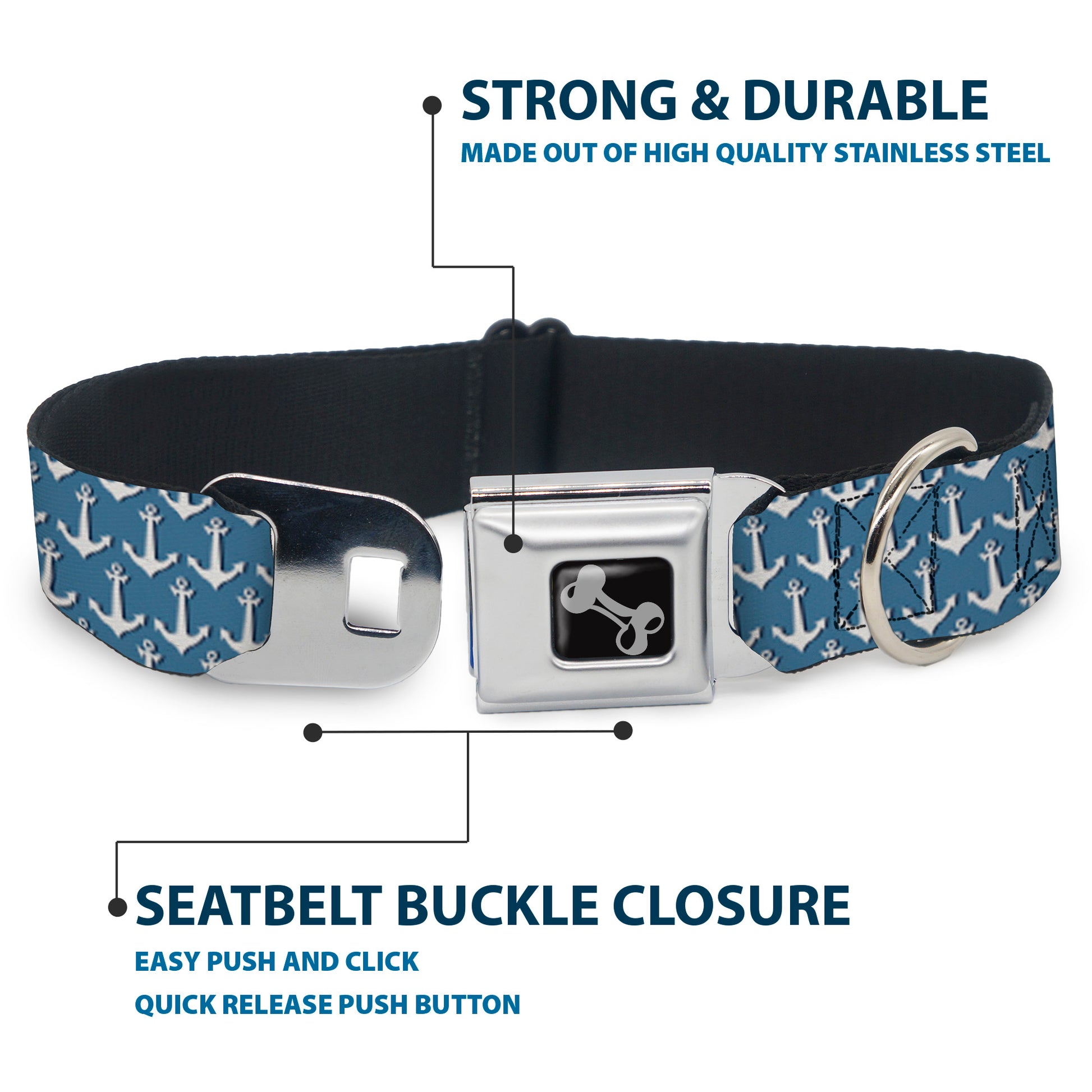 Dog Bone Seatbelt Buckle Collar - Anchor2 Monogram Baby Blue/Navy/White Seatbelt Buckle Collars Buckle-Down