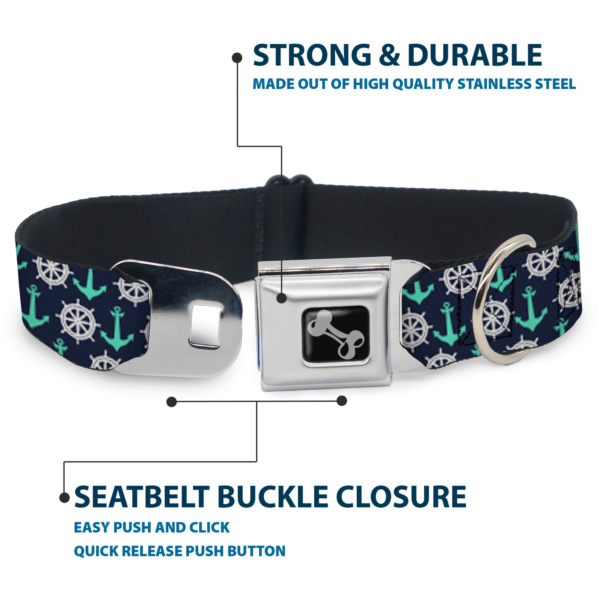 Dog Bone Seatbelt Buckle Collar - Anchor2/Helm Monogram Navy/Turquoise/White Seatbelt Buckle Collars Buckle-Down